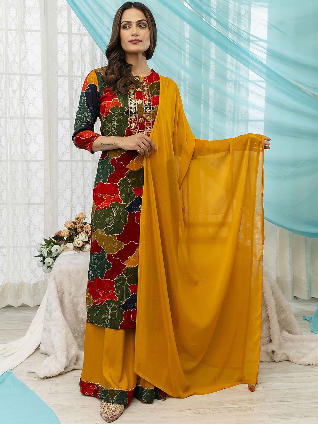 

Nehamta Ethnic Motifs Printed Regular Sequinned Straight Kurta With Palazzos & Dupatta, Red