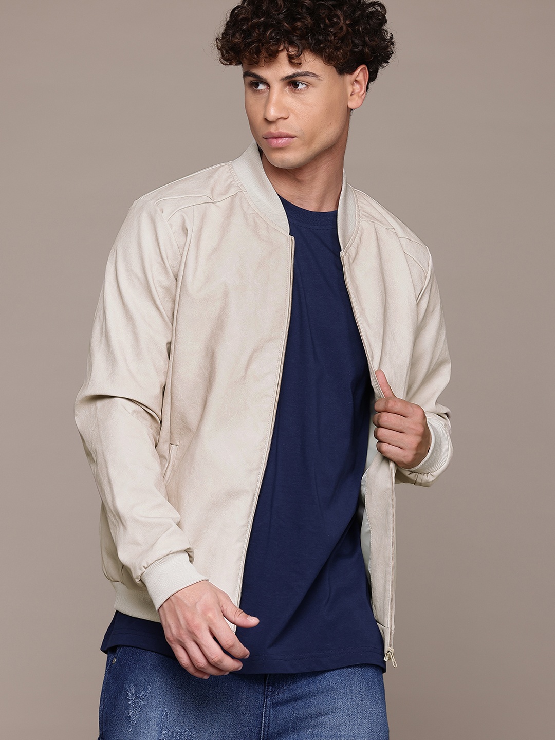 

The Roadster Lifestyle Co. Faux Leather Bomber Jacket, Beige