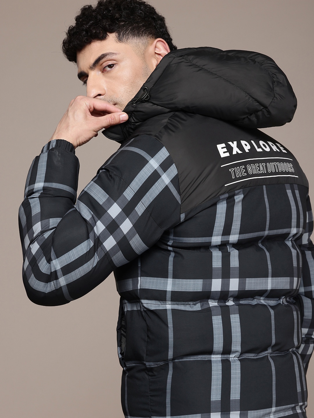 

The Roadster Life Co. Checked Hooded Puffer Jacket, Black