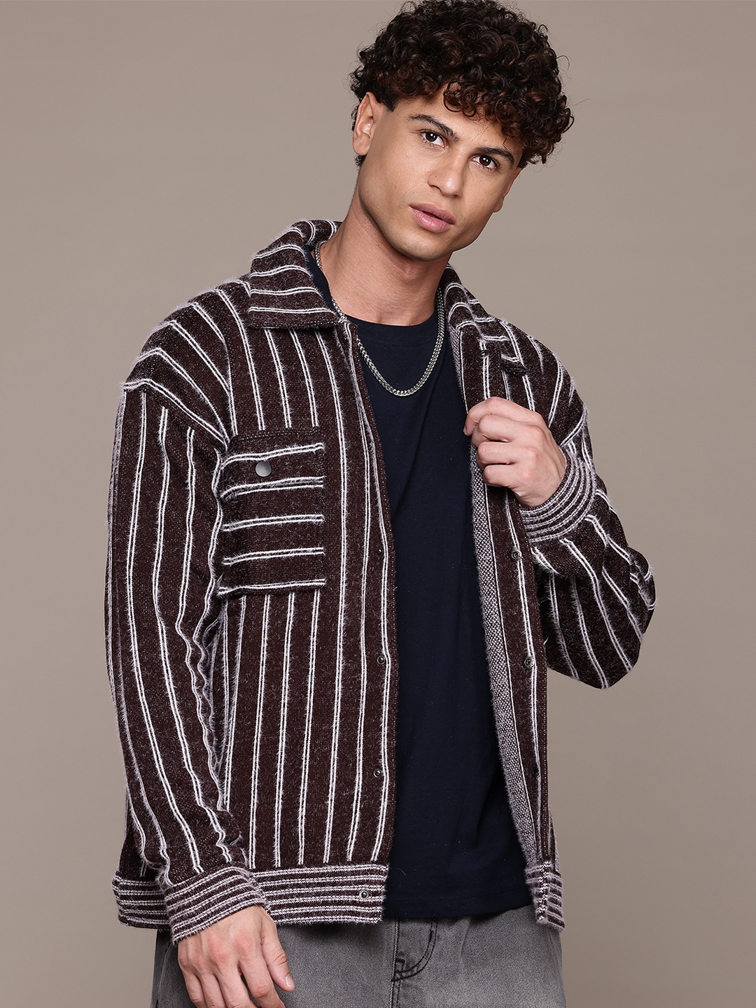 

The Roadster Lifestyle Co. Striped Fuzzy Tailored Jacket, Brown