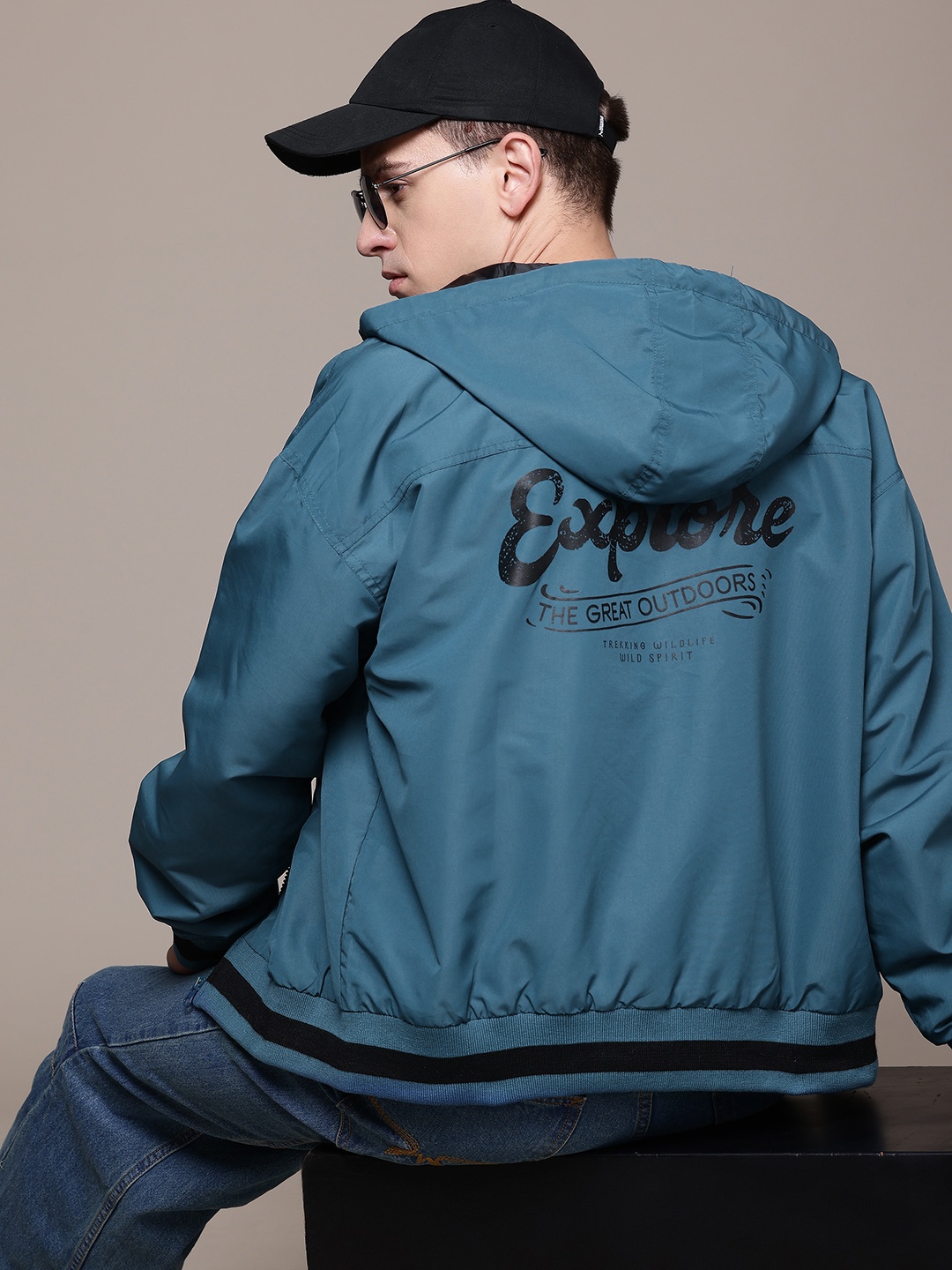 

Roadster The Lifestyle Co. Typography Printed Back Hooded Bomber Jacket, Teal