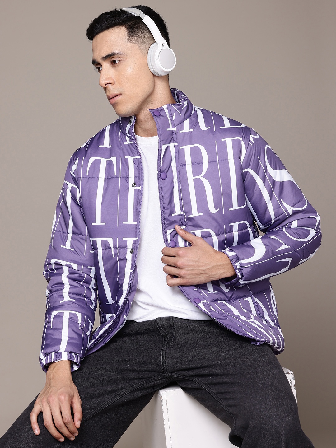The Roadster Lifestyle Co. Men Typography Padded Jacket, Purple