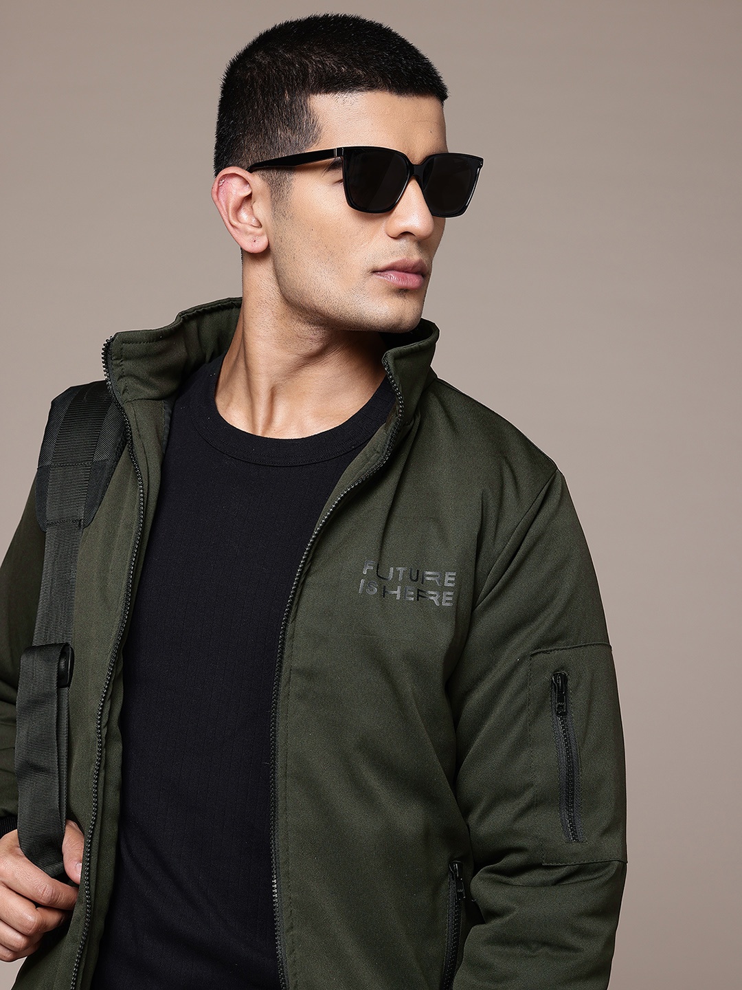 

The Roadster Lifestyle Co. Typography Print Detail Mock Collar Bomber Jacket, Olive