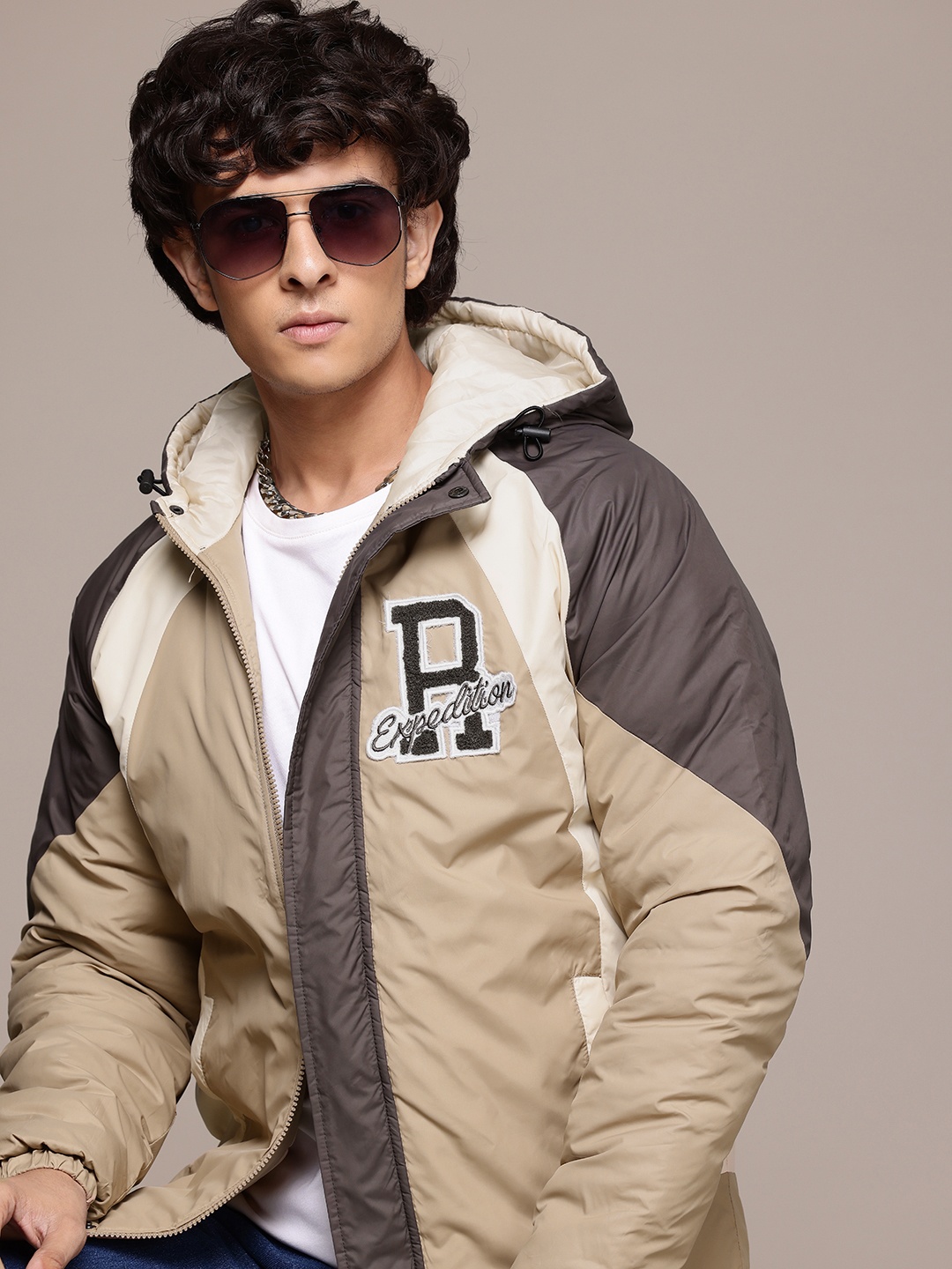 

The Roadster Lifestyle Co. Colourblocked Hooded Padded Jacket, Beige
