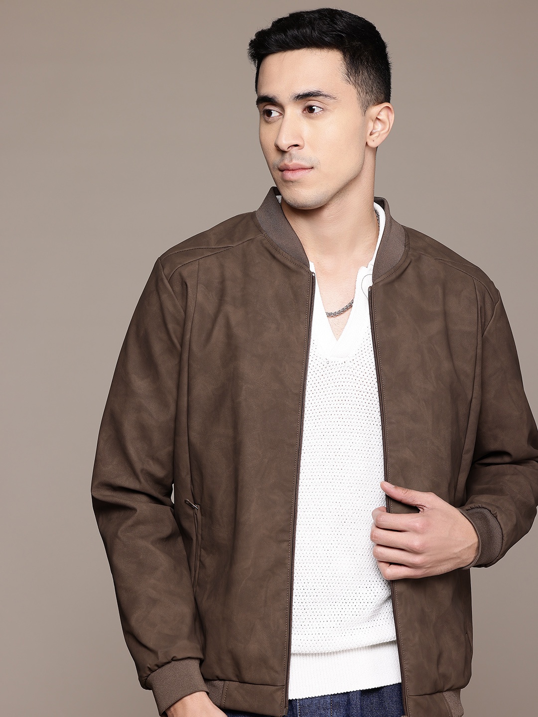 

The Roadster Life Co. Mandarin Collar Faux Leather Bomber Jacket, Coffee brown