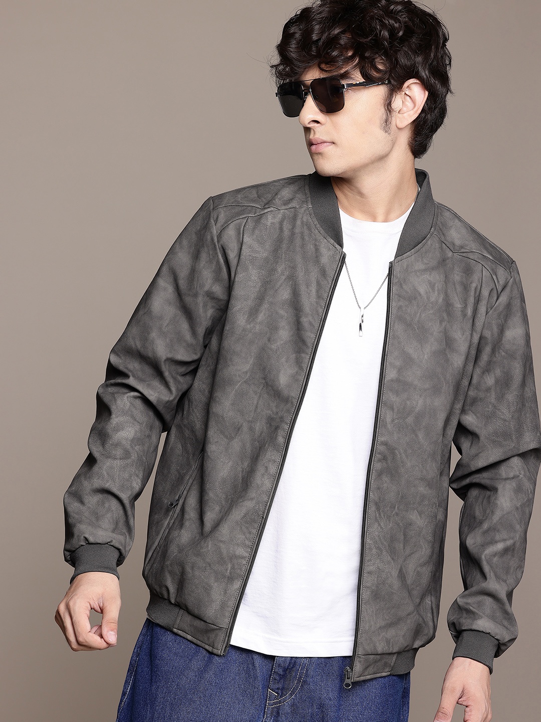 

The Roadster Life Co. Mandarin Collar Faux Leather Bomber Jacket, Charcoal