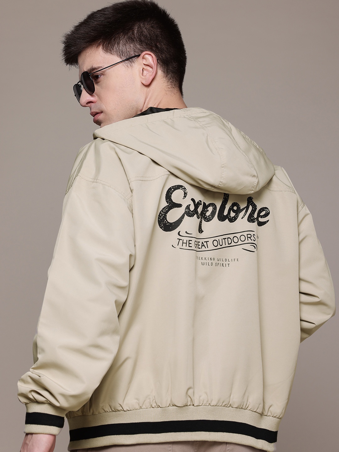 

Roadster The Lifestyle Co. Typography Printed Back Hooded Bomber Jacket, Beige
