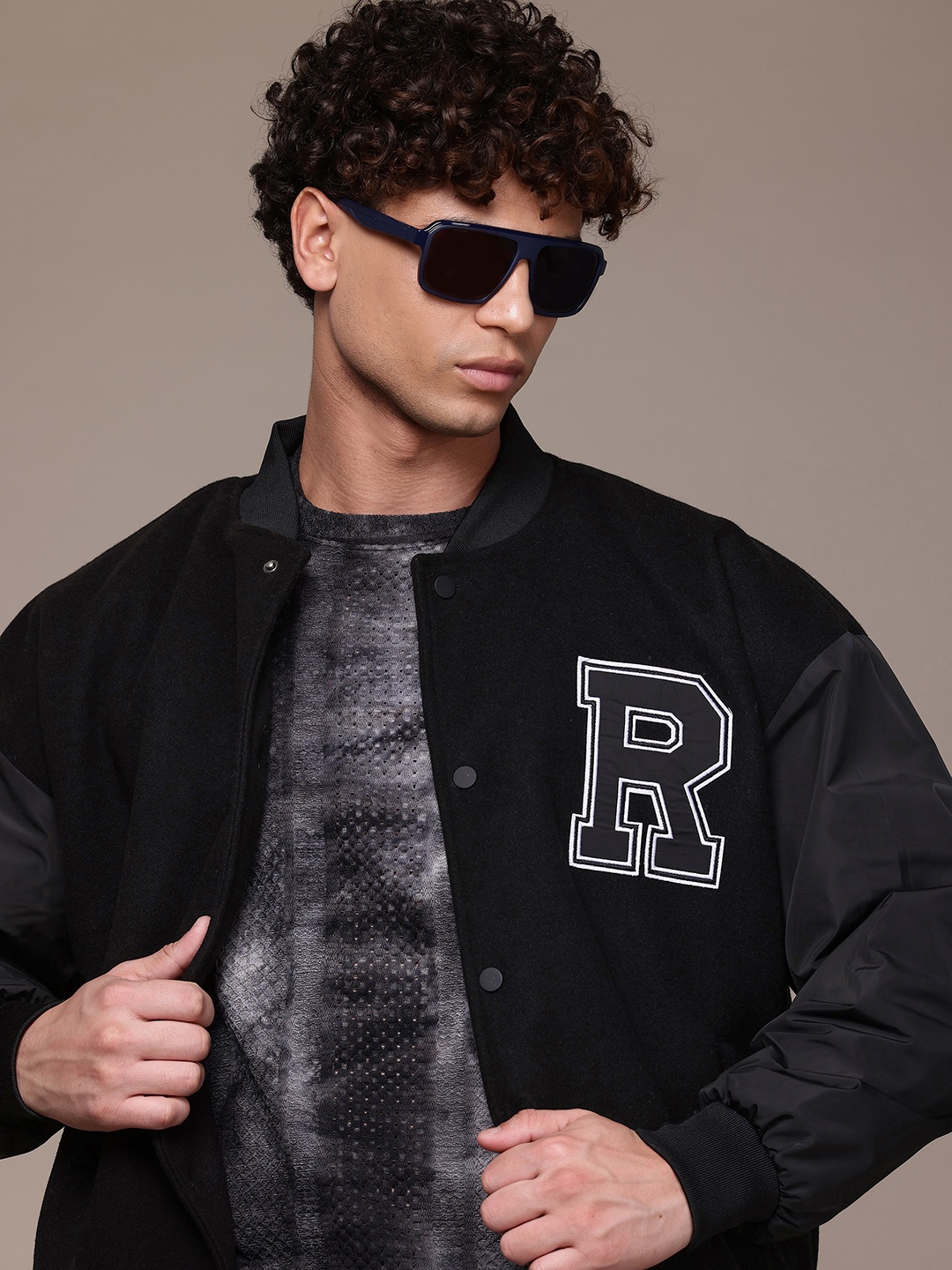 

The Roadster Lifestyle Co. Printed Stand Collar Bomber Jacket, Black