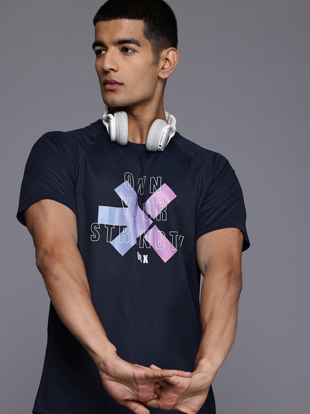 

HRX by Hrithik Roshan Rapid Dry Printed Training T-shirt, Navy blue