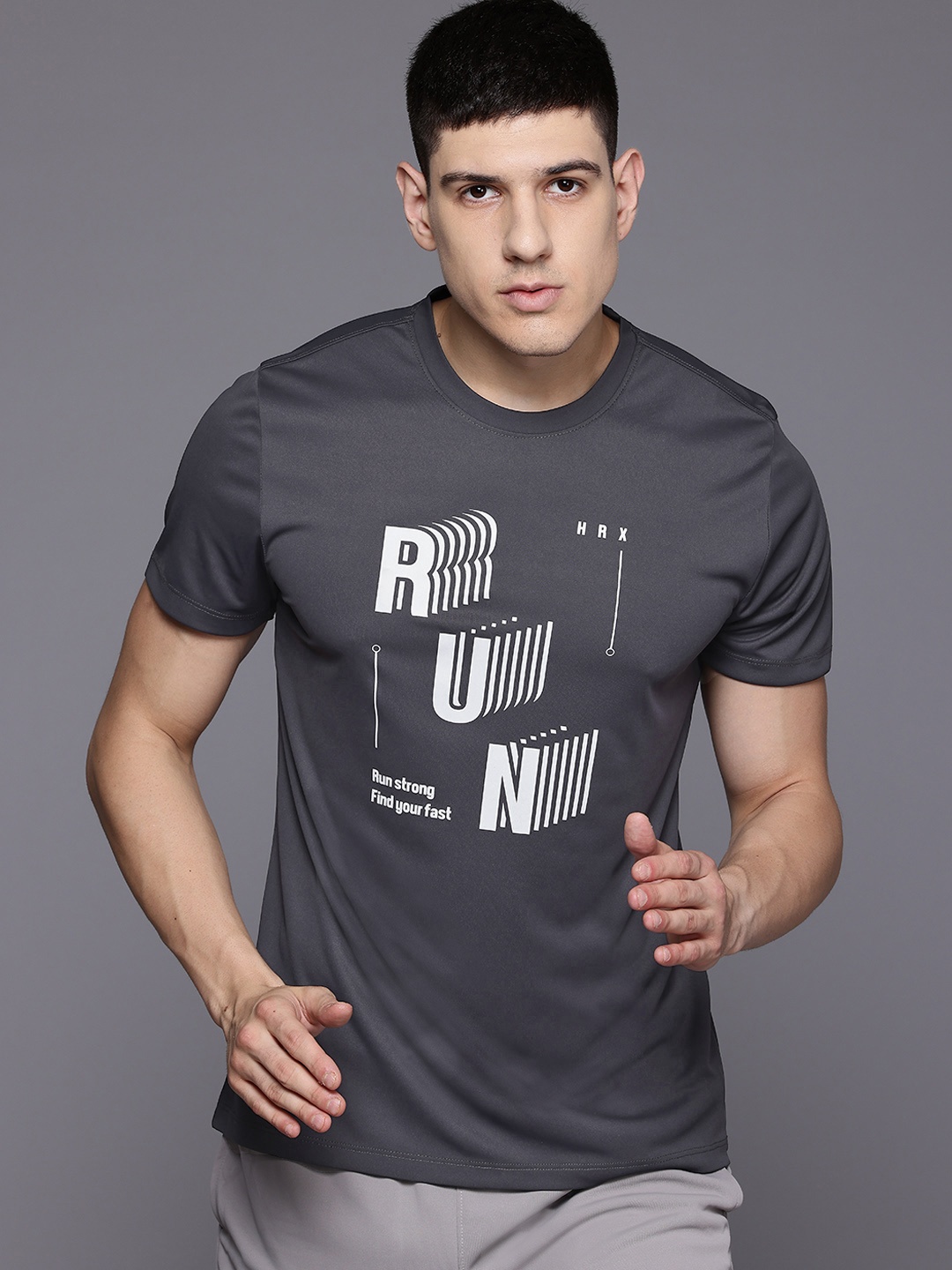 

HRX by Hrithik Roshan Rapid-Dry Printed Running T-shirt, Grey