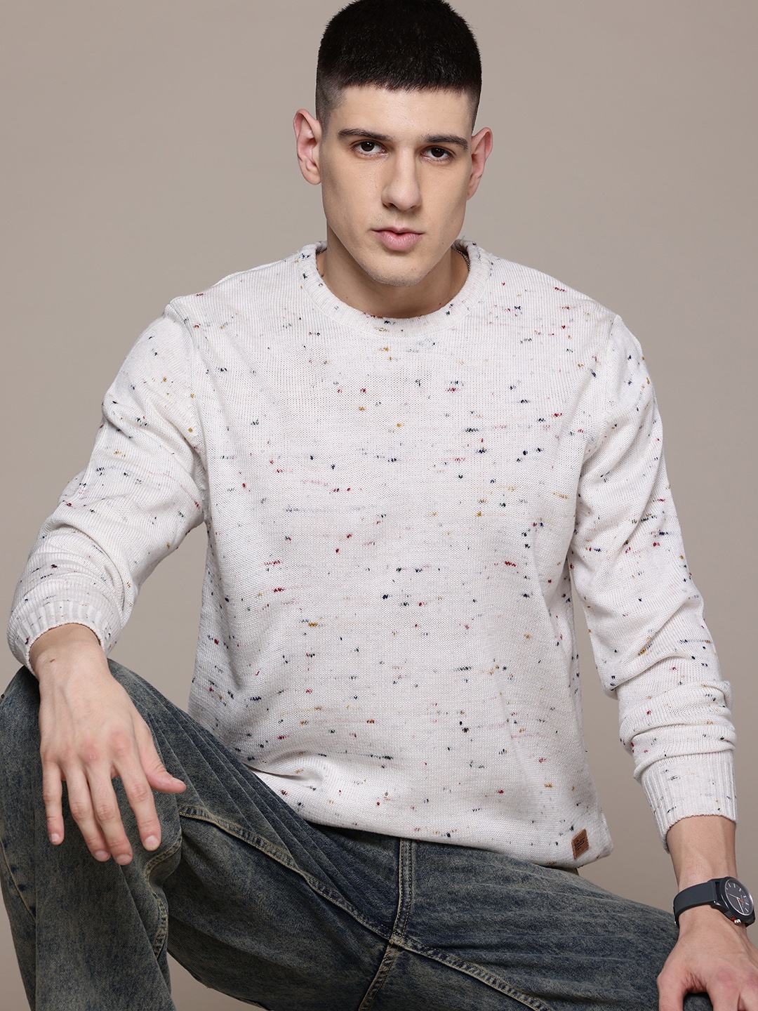 

The Roadster Lifestyle Co. Speckled Pullover with Brand-Logo Detail, Off white