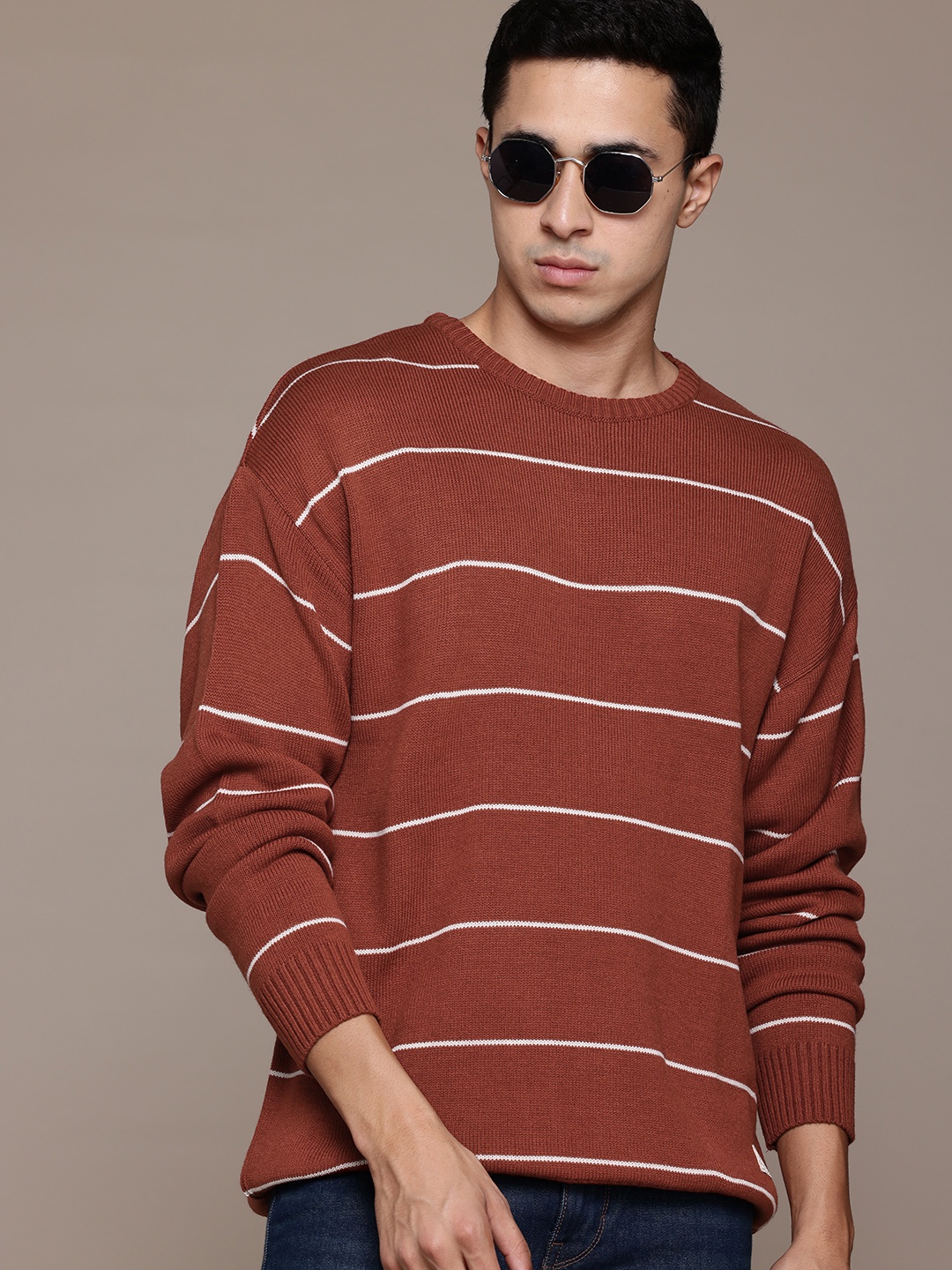 

The Roadster Lifestyle Co. Men Striped Acrylic Pullover, Rust