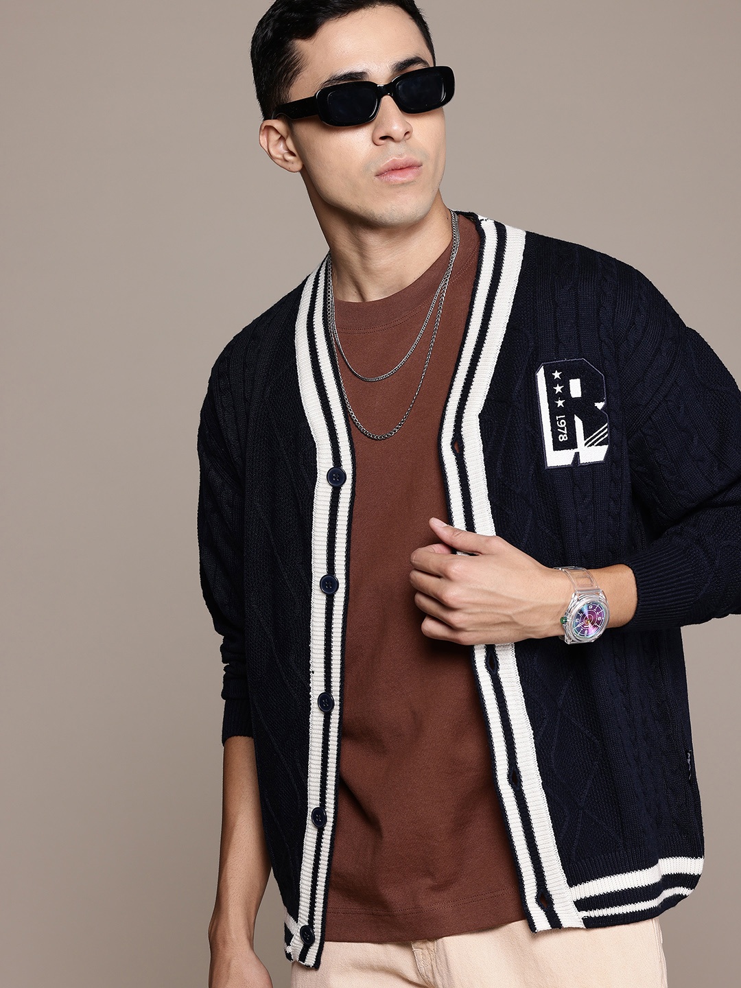 

The Roadster Lifestyle Co. Men Cable Knit Cardigan, Navy blue