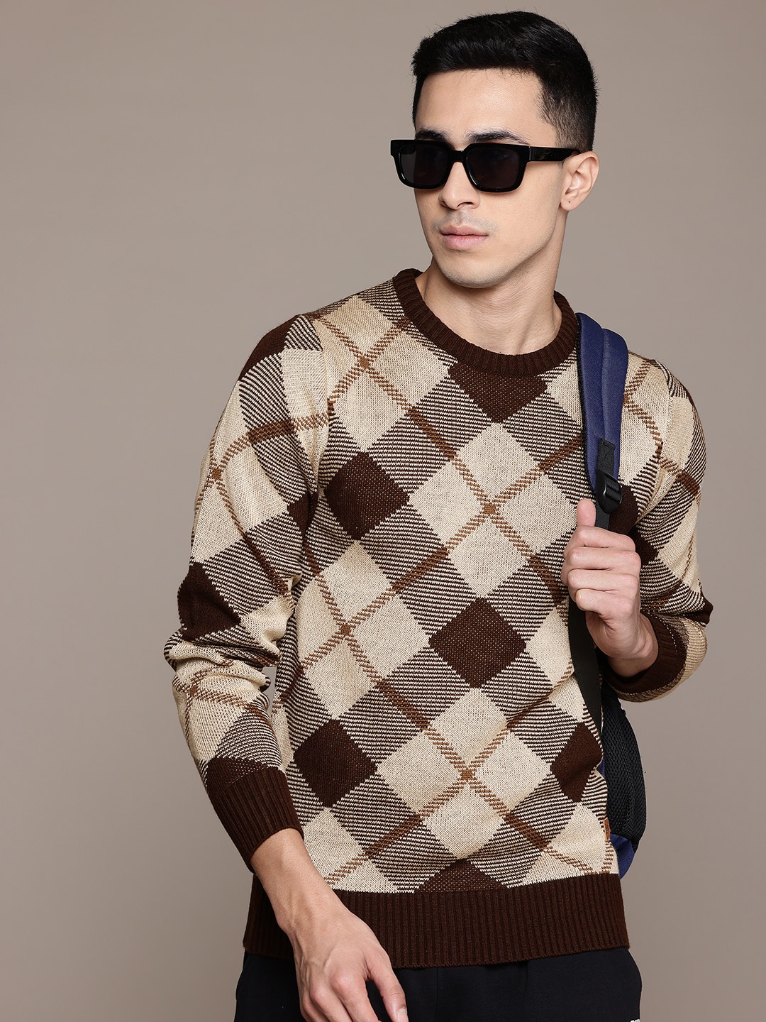 

The Roadster Life Co. Checked Round Neck Pullover, Brown