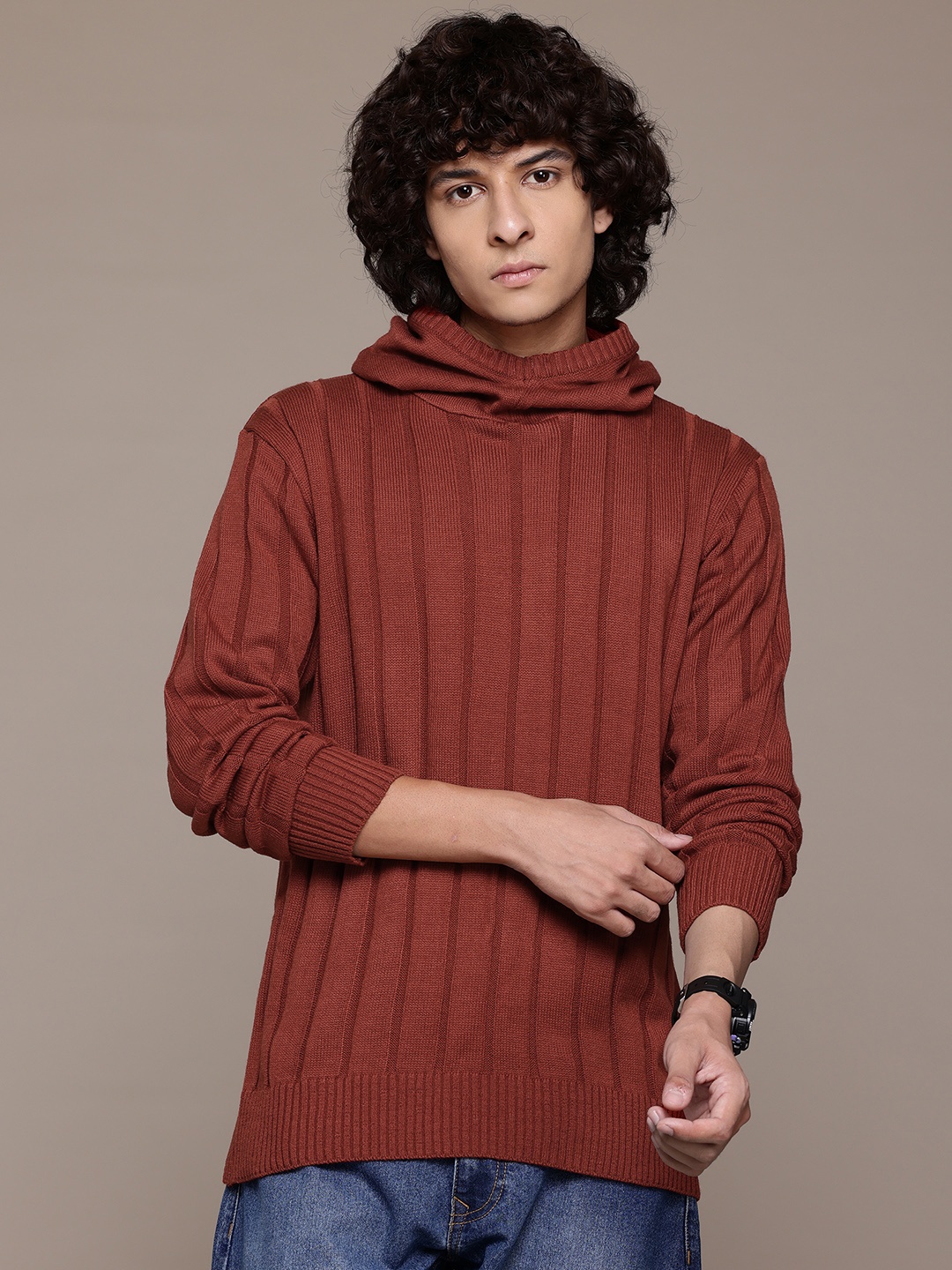 

The Roadster Lifestyle Co. Men Striped Acrylic Pullover, Rust