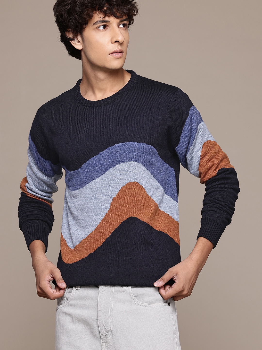 

The Roadster Lifestyle Co. Men Abstract Acrylic Pullover, Navy blue