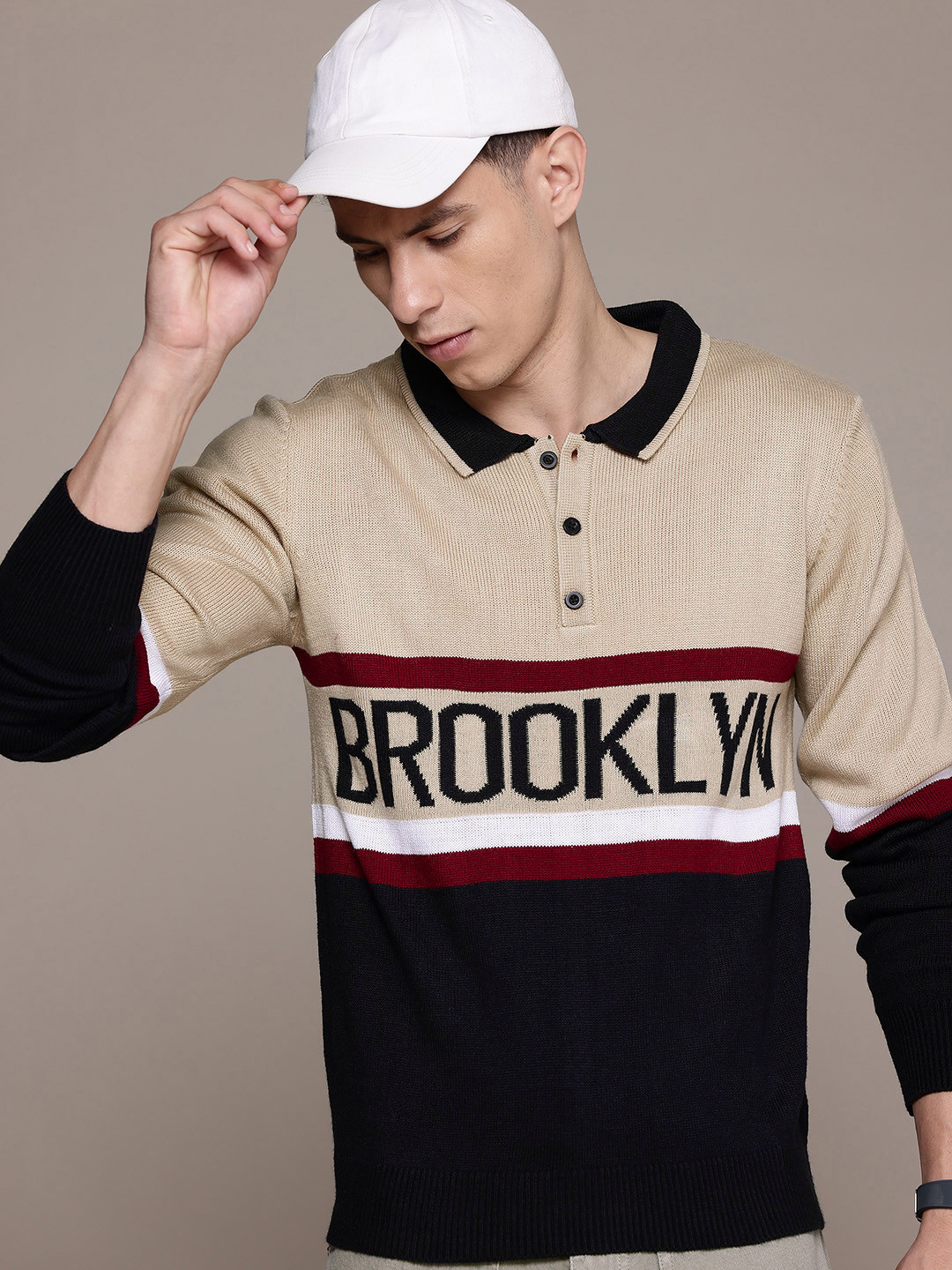 

The Roadster Lifestyle Co. Acrylic Self-Designed Polo Collar Pullover, Beige