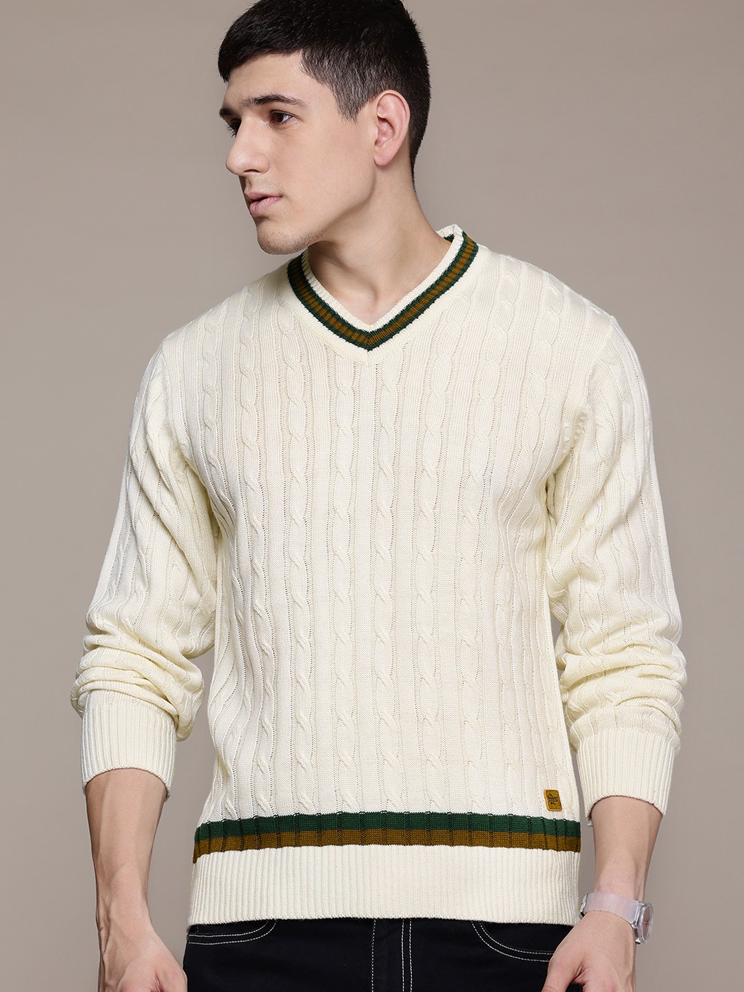 

The Roadster Lifestyle Co. V-Neck Cable Knit Pullover, Cream