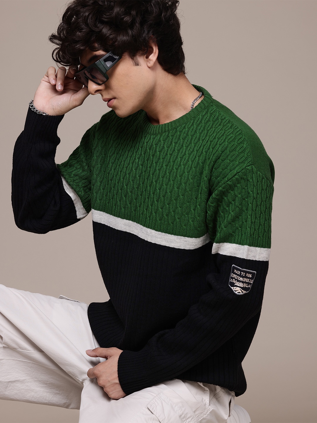 

The Roadster Lifestyle Co. Pure Acrylic Cable Knit Colourblocked Pullover, Green