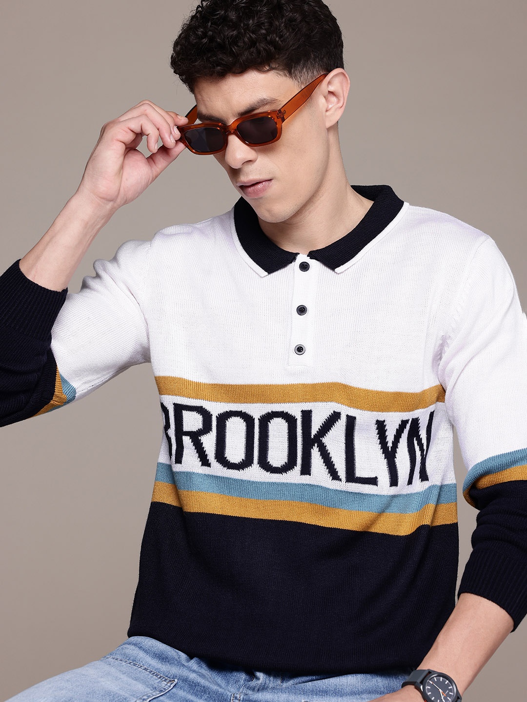 

The Roadster Lifestyle Co. Acrylic Self-Designed Polo Collar Pullover, White