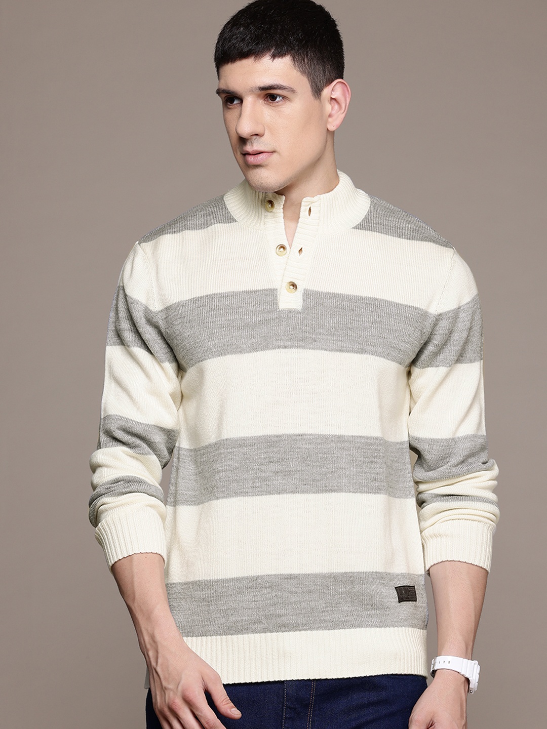 

The Roadster Lifestyle Co. Striped Pullover with Henley Neck, Cream