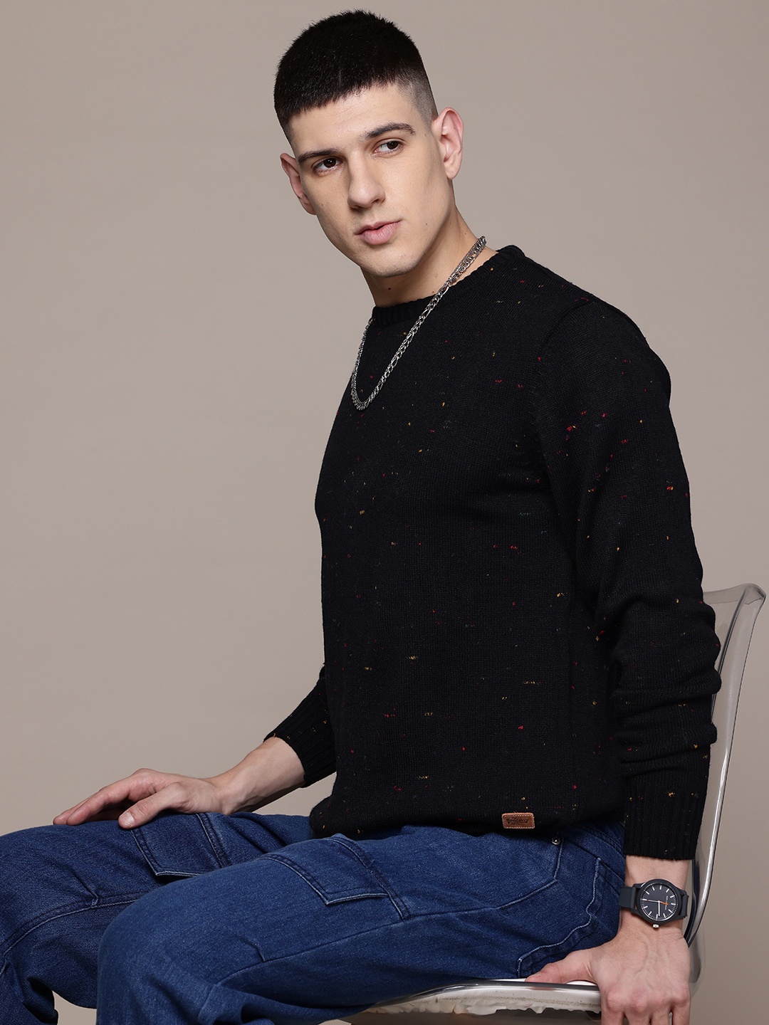 

The Roadster Lifestyle Co. Speckled Pullover with Brand-Logo Detail, Black
