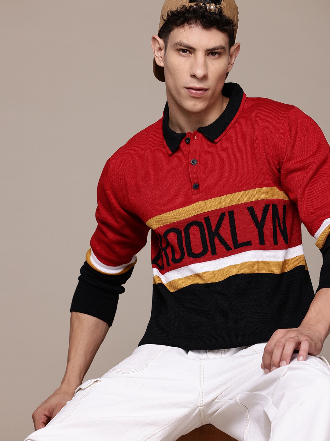 

The Roadster Lifestyle Co. Men Typography Striped Acrylic Pullover, Red