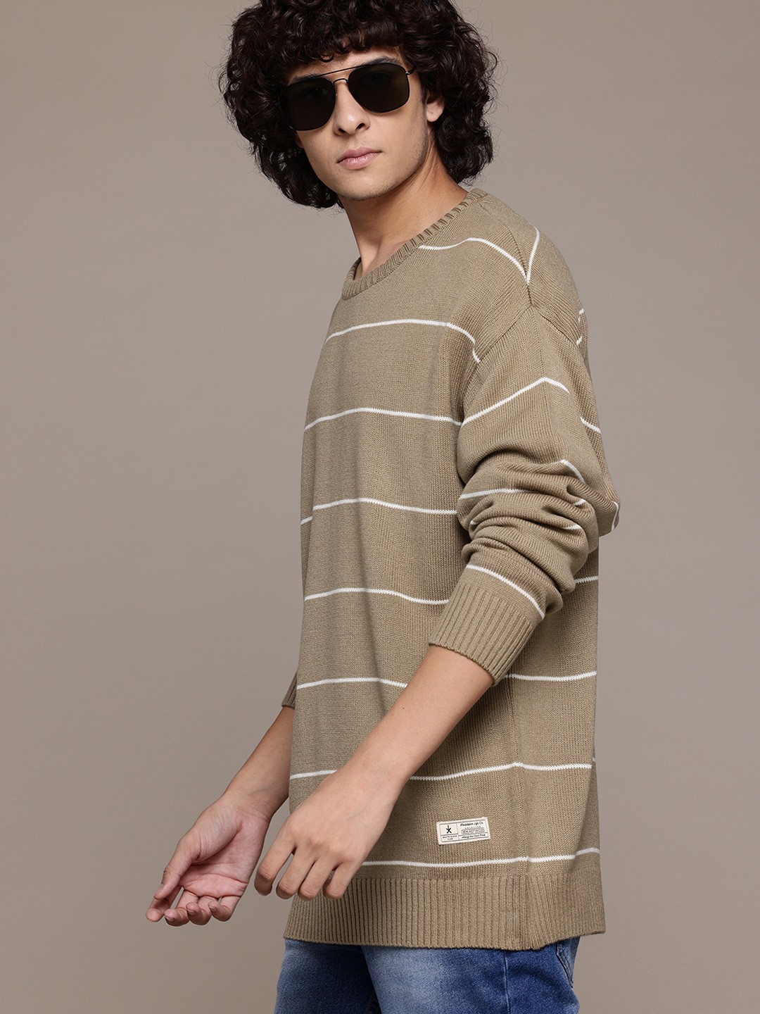 

The Roadster Lifestyle Co. Pure Acrylic Striped Longline Pullover, Beige