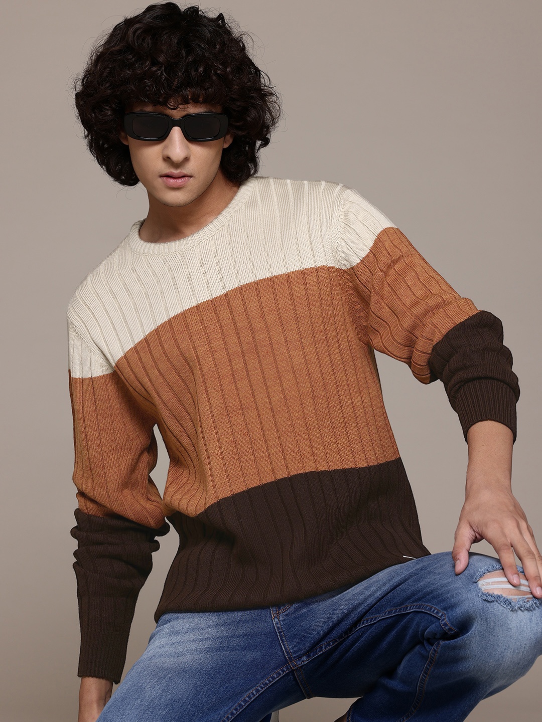 

The Roadster Lifestyle Co. Pure Acrylic Colourblocked Pullover, Brown