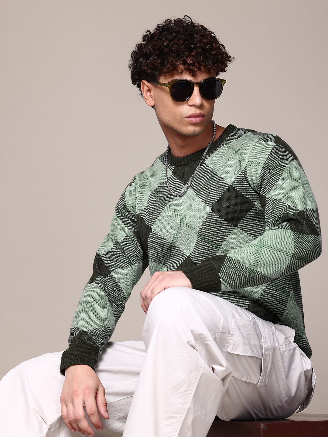 

The Roadster Lifestyle Co. Geometric Self Design Acrylic Pullover, Olive
