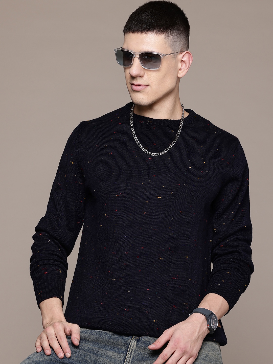 

The Roadster Lifestyle Co. Speckled Pullover with Brand-Logo Detail, Navy blue