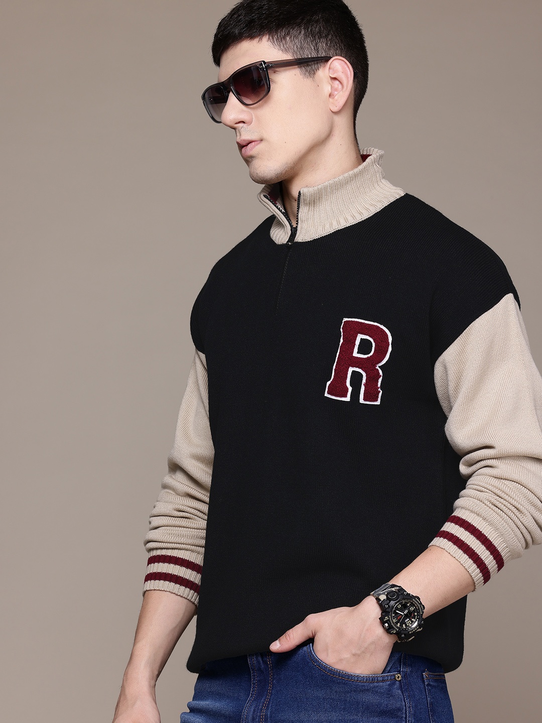 

The Roadster Lifestyle Co. Colourblocked Applique Detail Pullover, Black