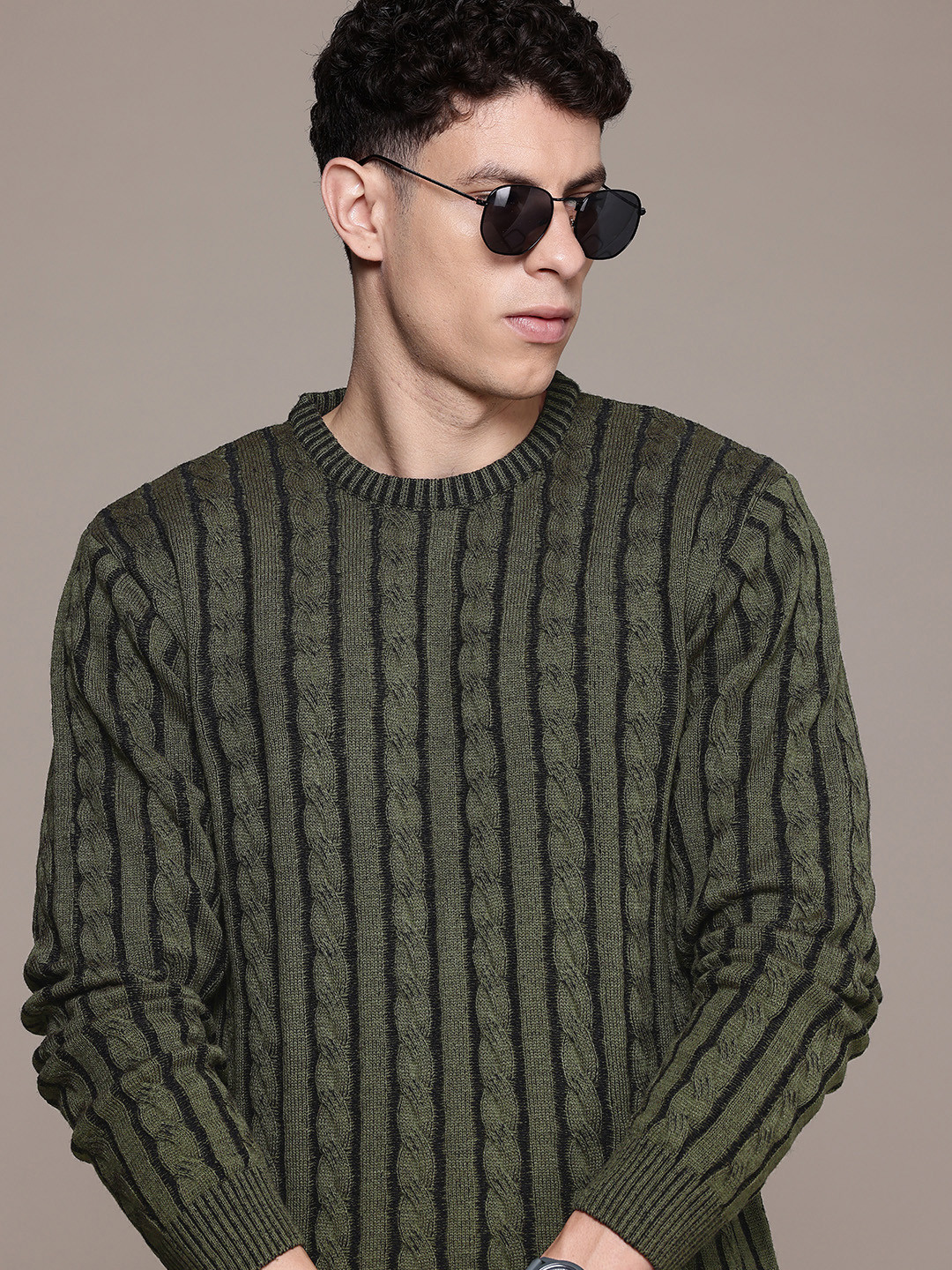 

The Roadster Lifestyle Co. Cable Knit Striped Pullover, Olive