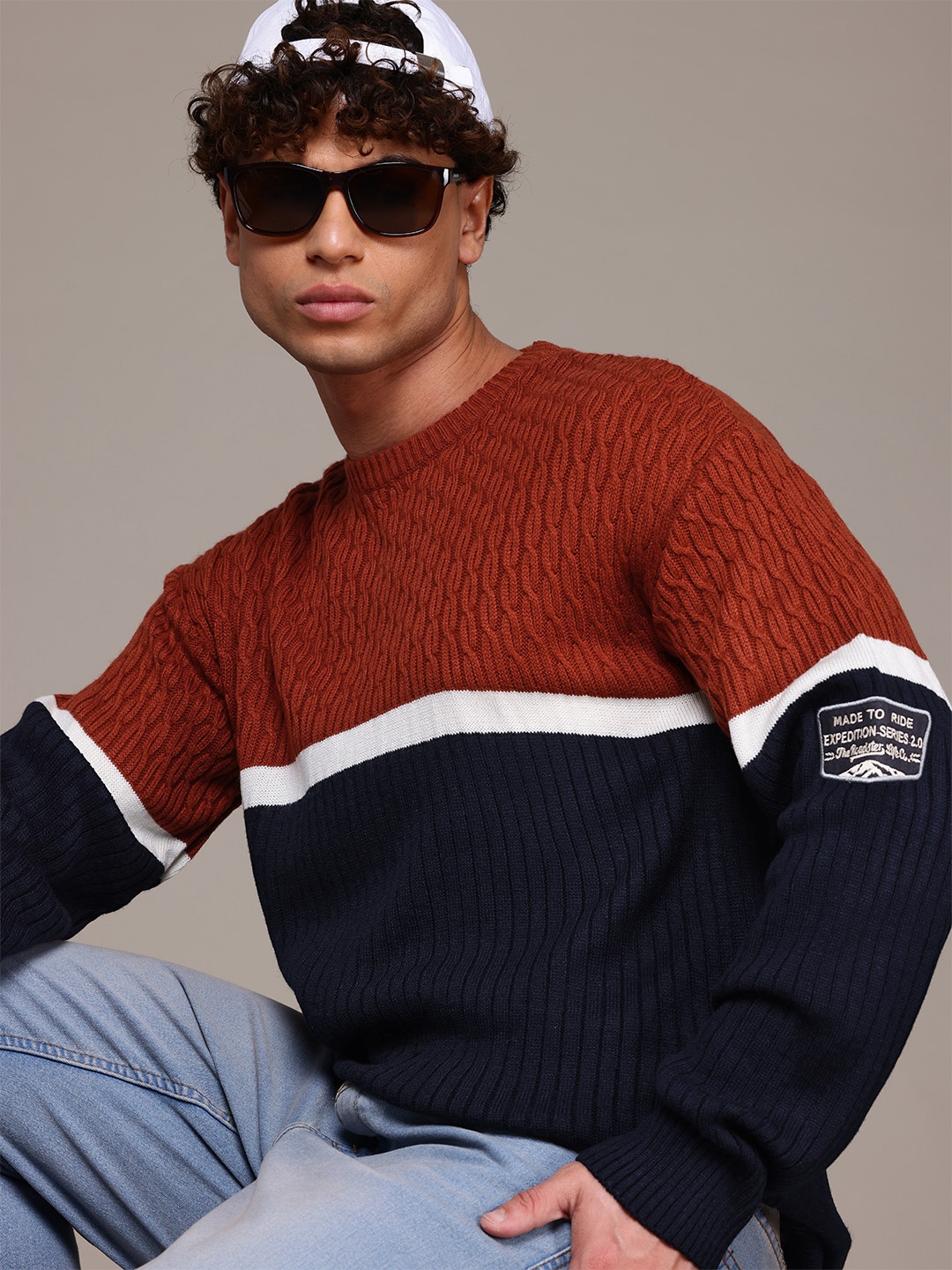 

The Roadster Lifestyle Co. Cable-Knit Colourblocked Acrylic Pullover, Brown