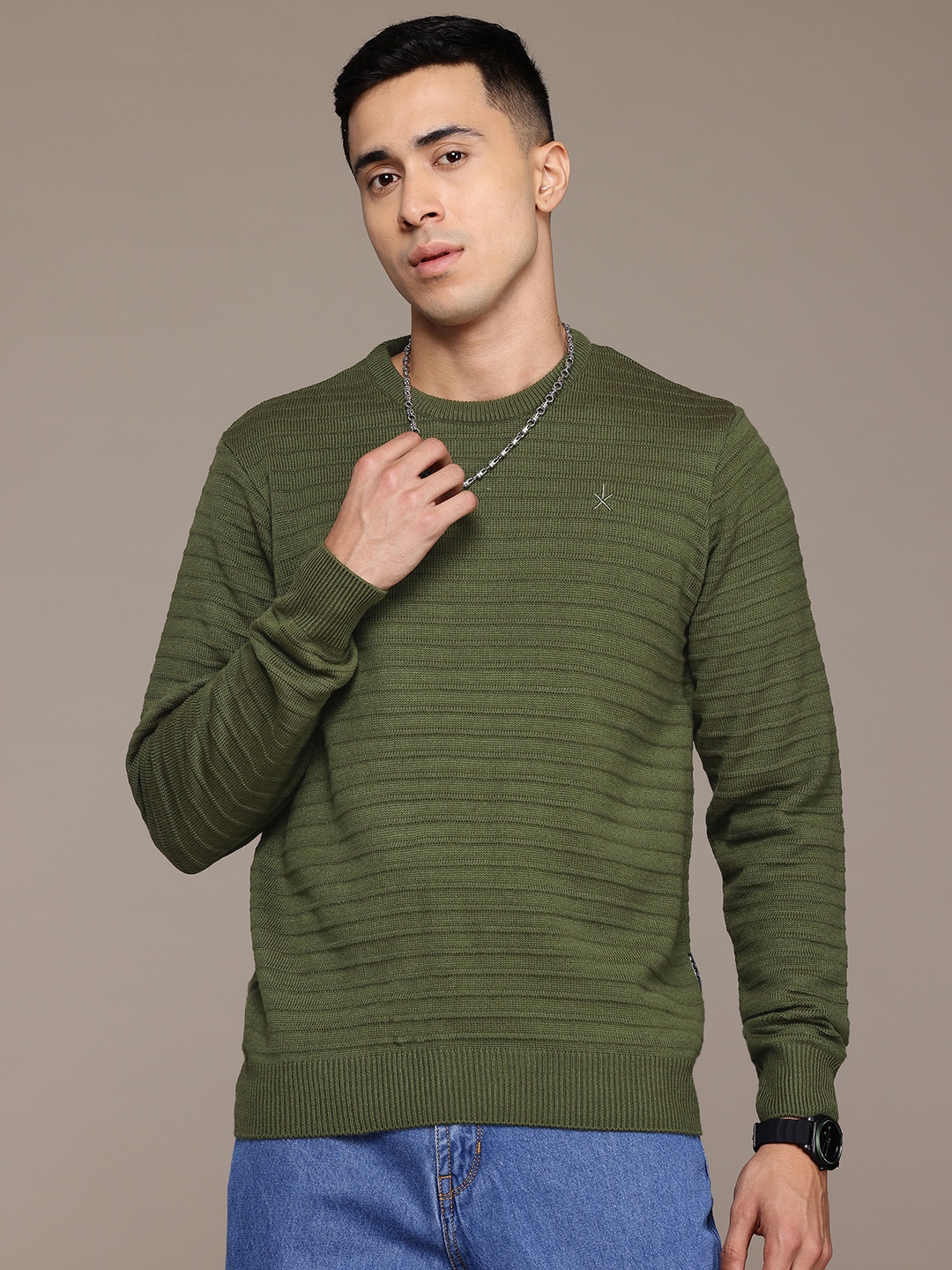 

The Roadster Lifestyle Co. Men Self Striped Acrylic Pullover, Olive