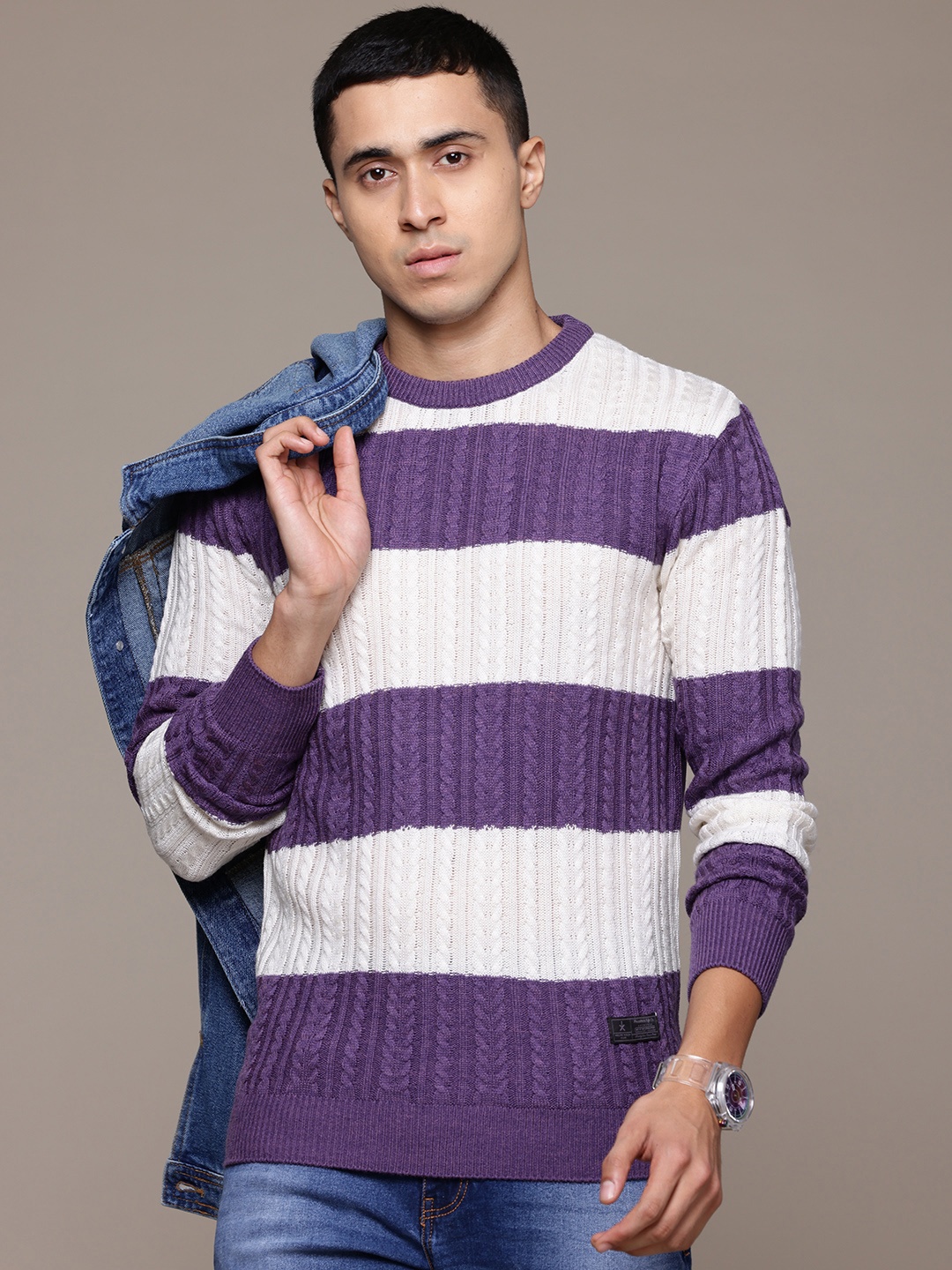 

Roadster Men Cable Knit Pullover, Purple