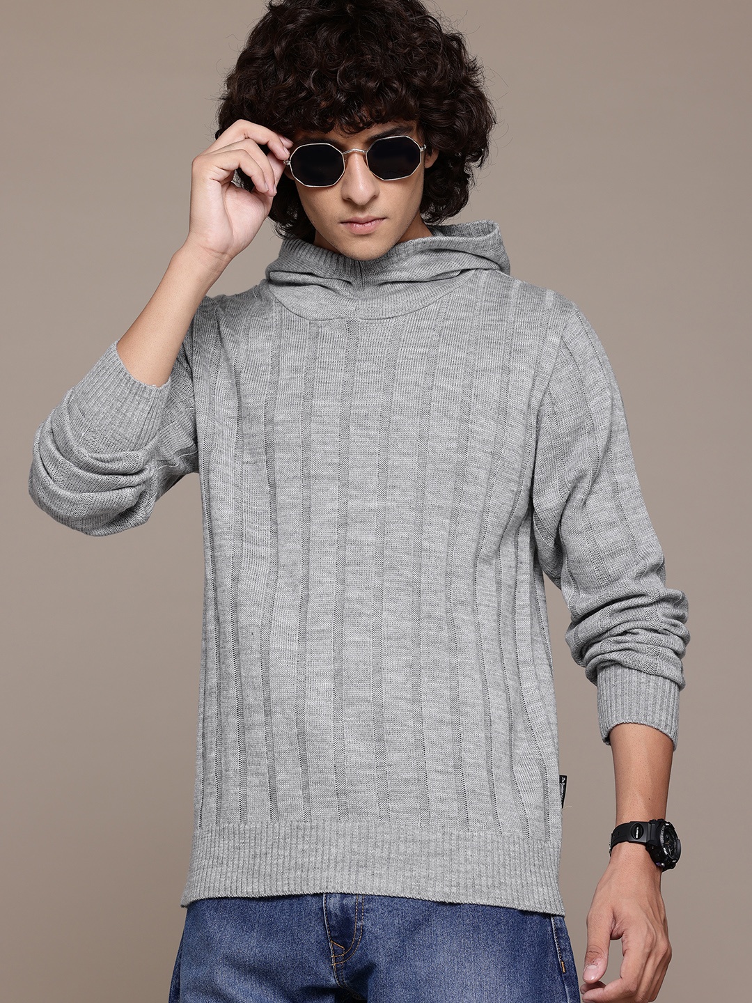 

The Roadster Lifestyle Co. Hooded Self-Striped Pullover, Grey