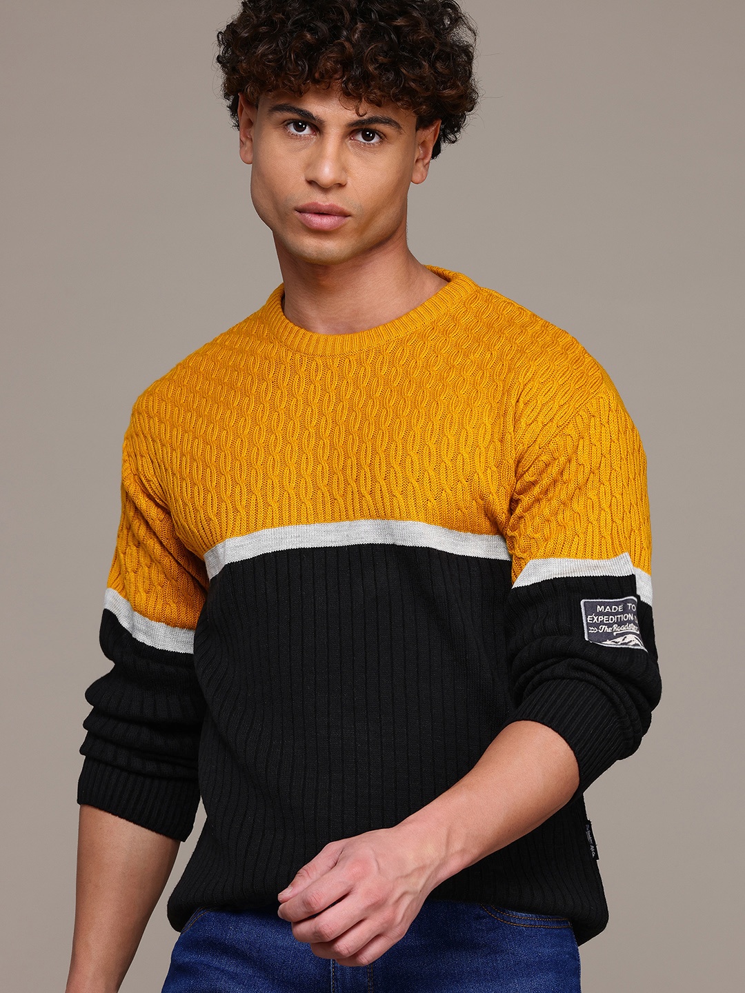 

The Roadster Lifestyle Co. Cable-Knit Colourblocked Acrylic Pullover, Yellow