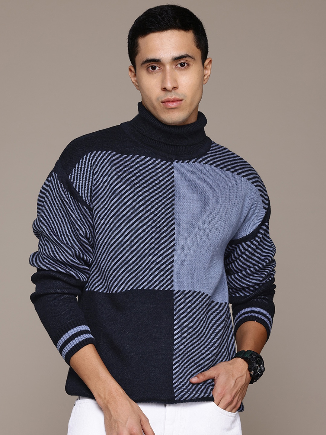 

The Roadster Lifestyle Co. Pure Acrylic Striped Colourblocked Pullover, Blue