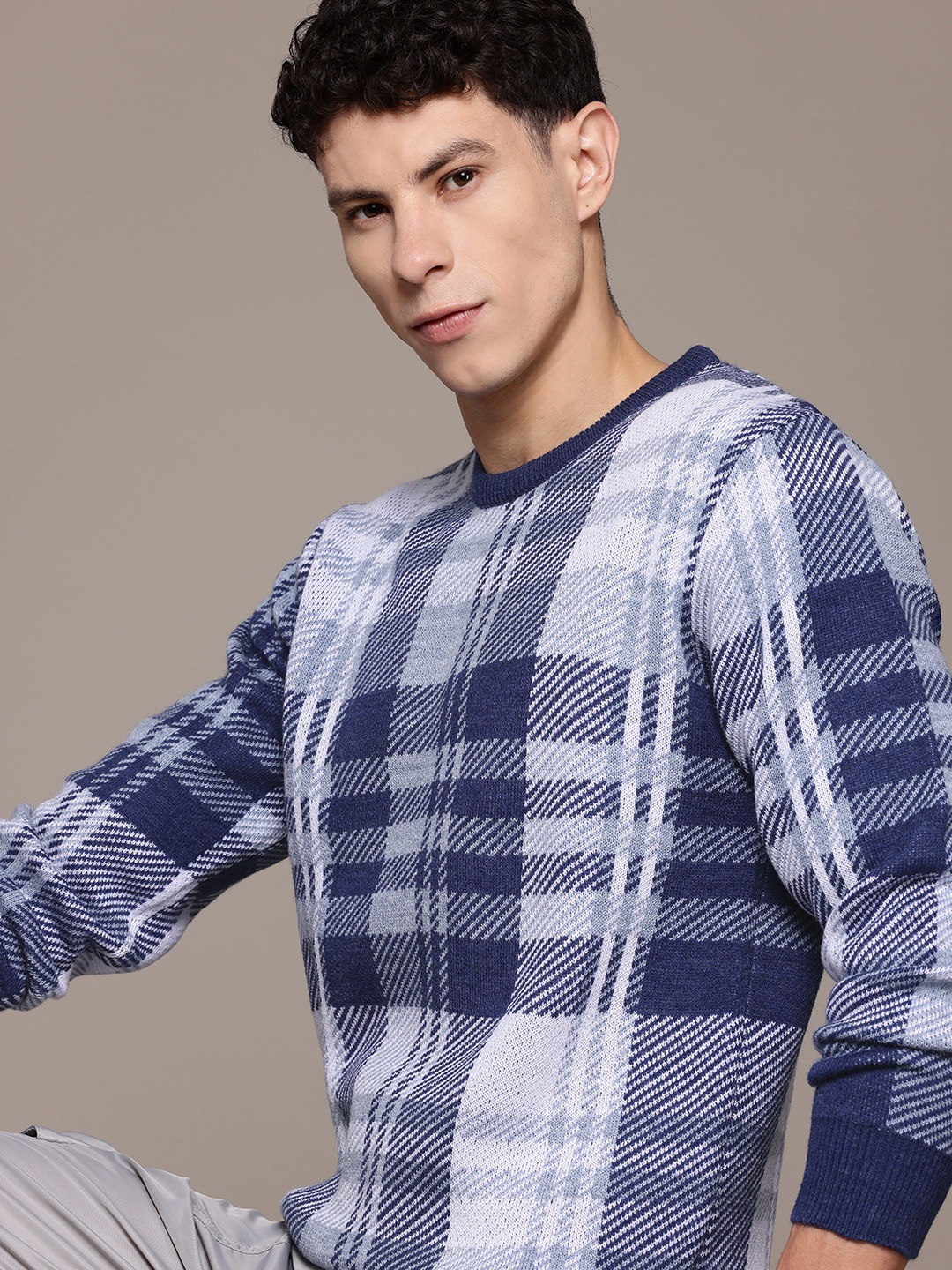 

The Roadster Lifestyle Co. Checked Round Neck Pullover, Blue