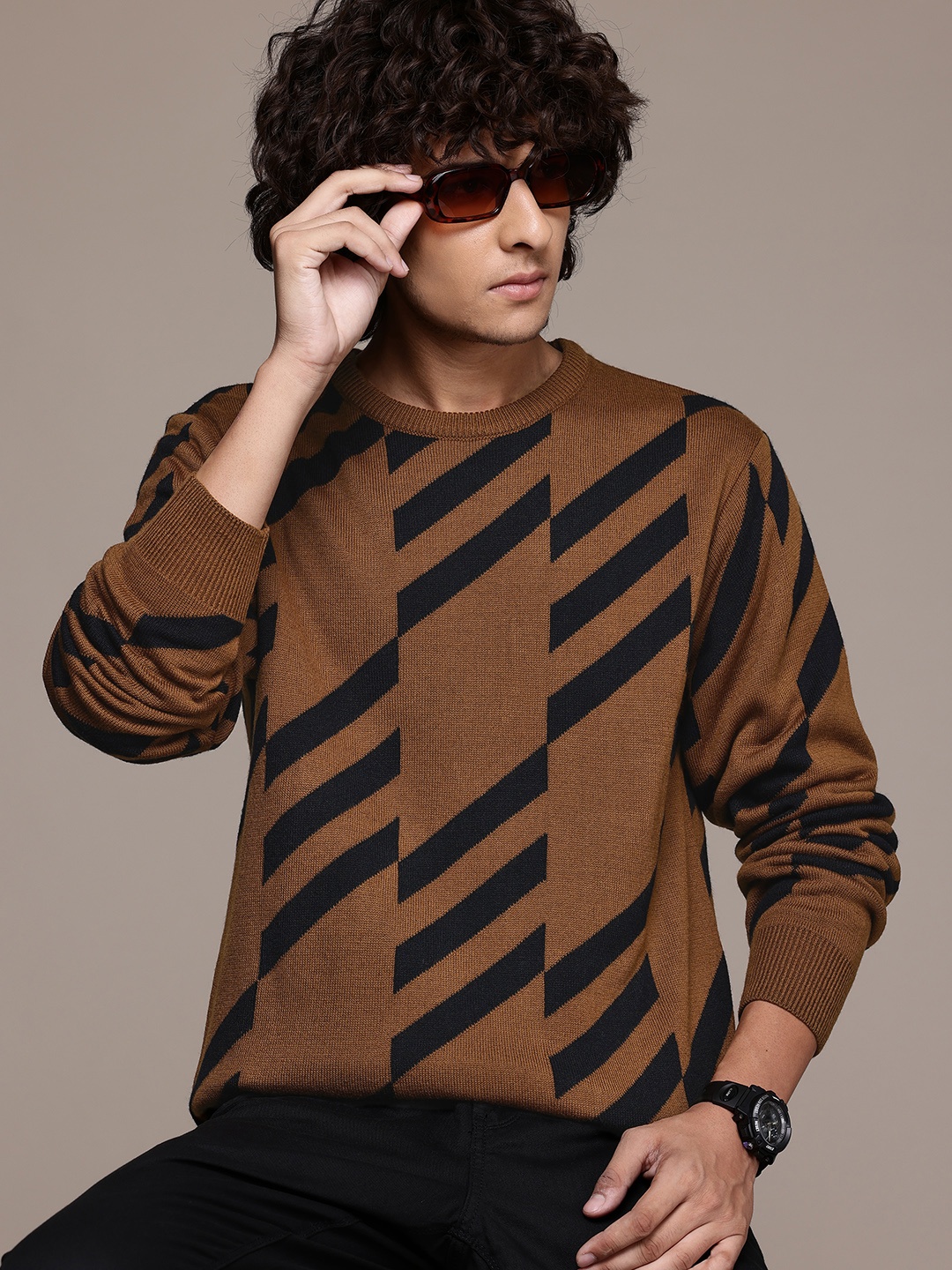 

The Roadster Lifestyle Co. Men Self Design Acrylic Pullover, Brown