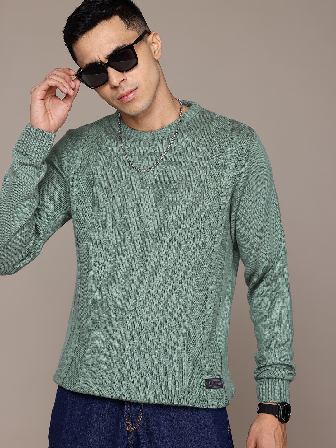 

The Roadster Lifestyle Co. Men Self Checked Acrylic Pullover, Green
