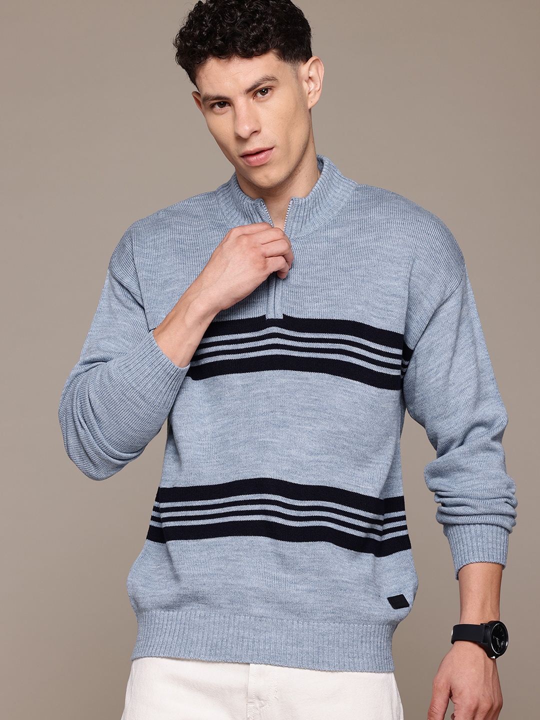 

The Roadster Lifestyle Co. Men Striped Acrylic Pullover, Blue