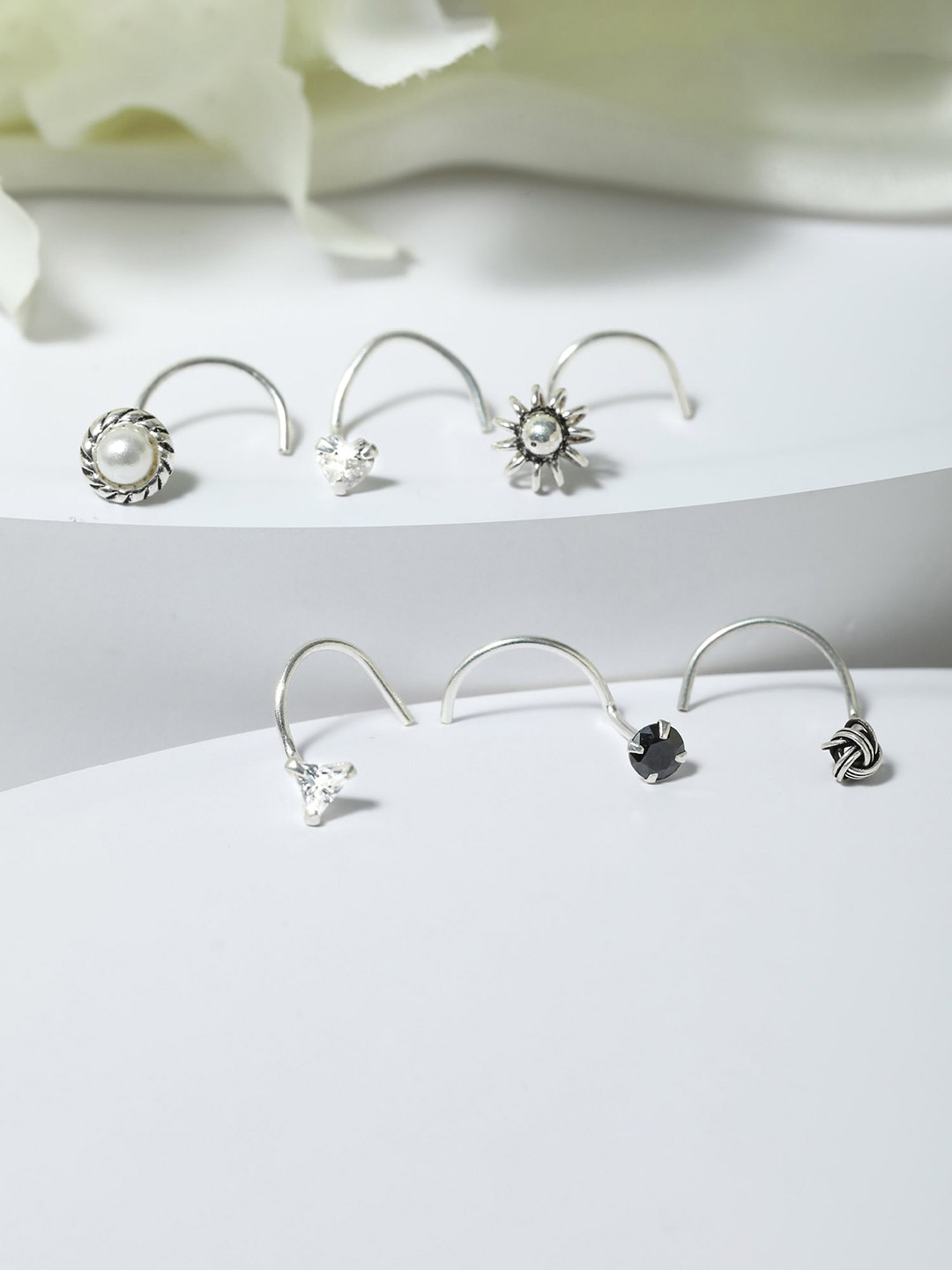 

Zavya Set Of 6 Rhodium-Plated Cubic Zirconia Ring Nosepin, Silver