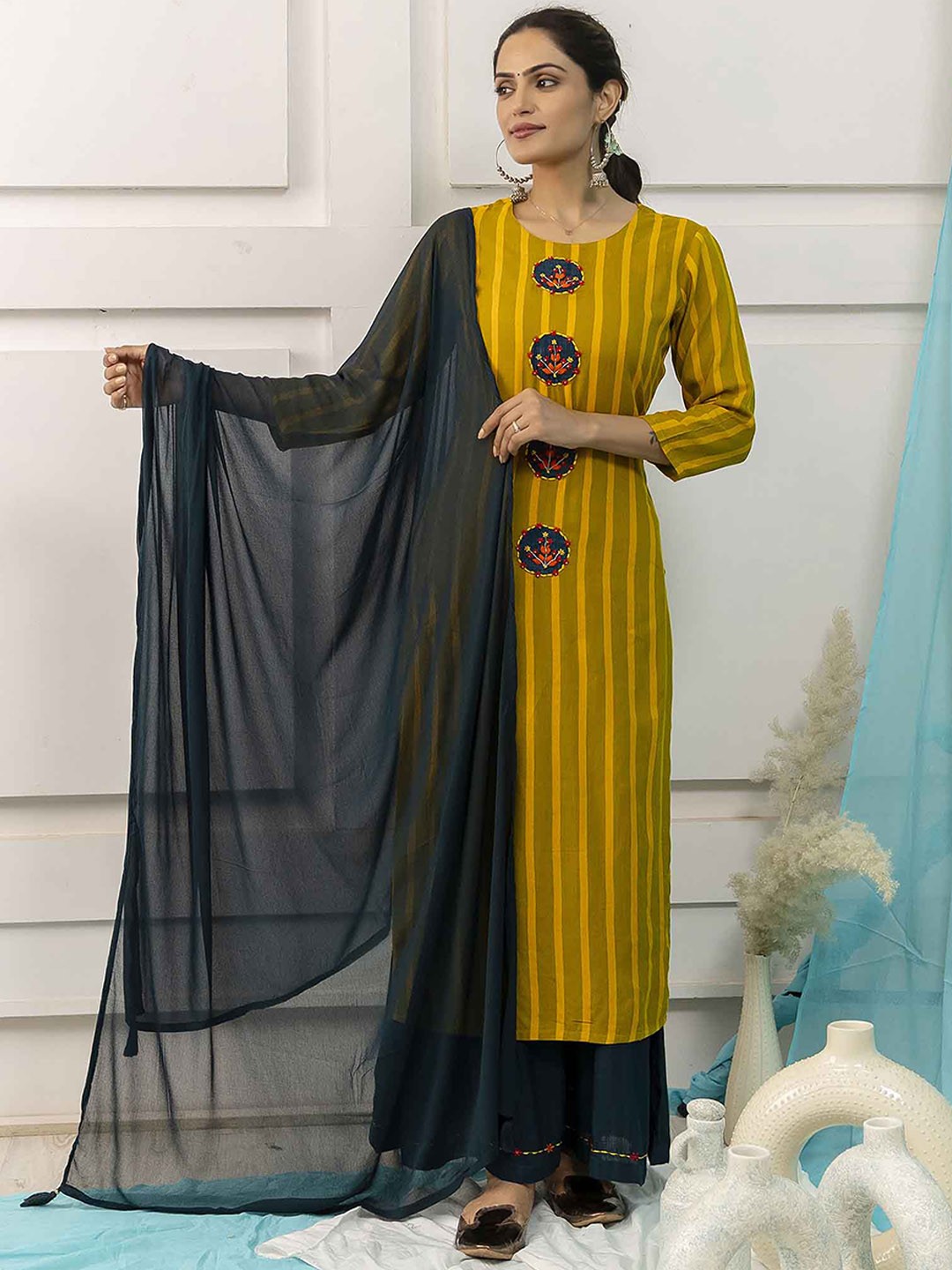

KALINI Striped Round Neck Straight Kurta with Palazzos & Dupatta, Yellow