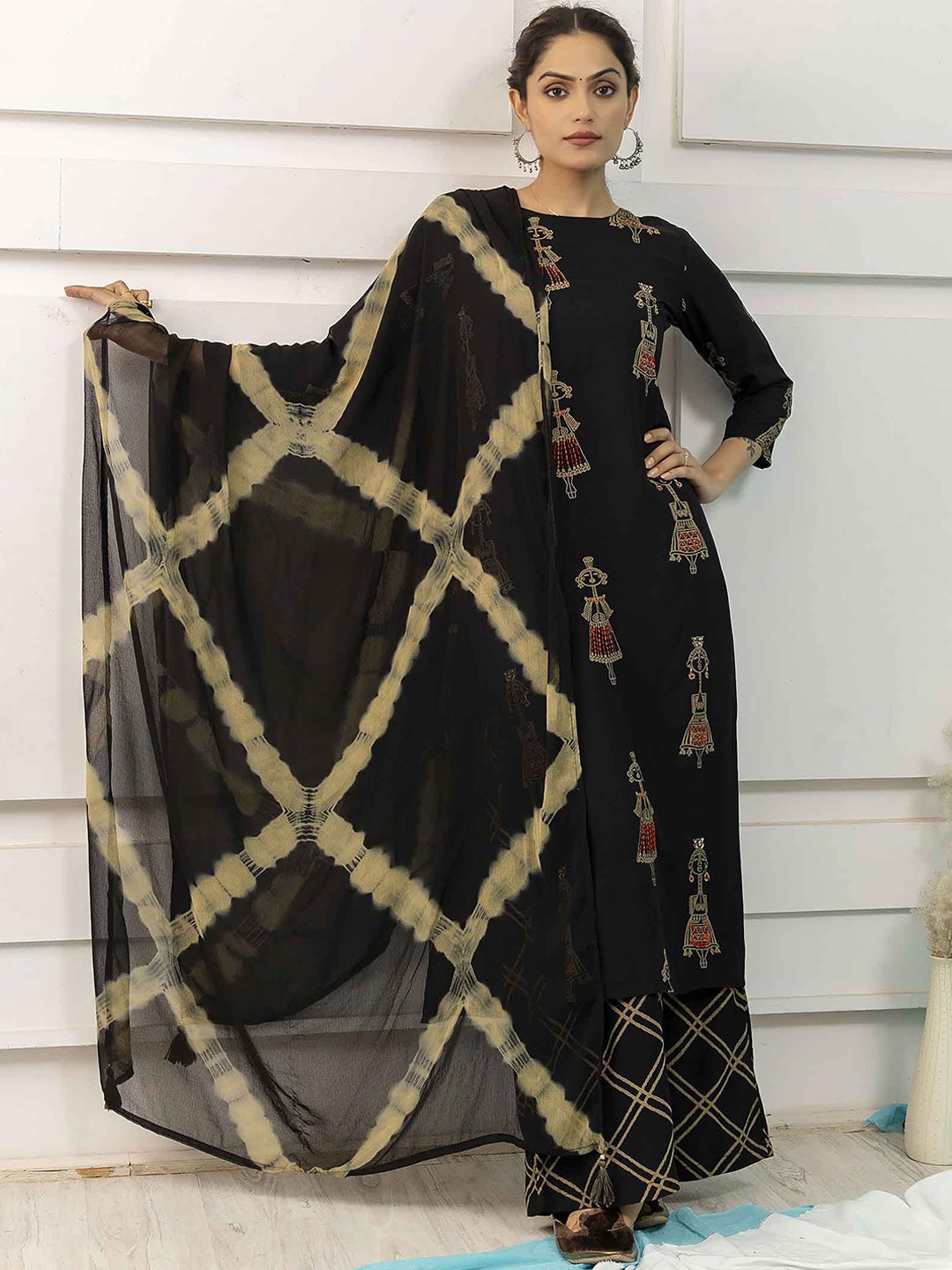 

KALINI Ethnic Motifs Printed Straight Kantha Work Kurta With Palazzos & Dupatta, Black