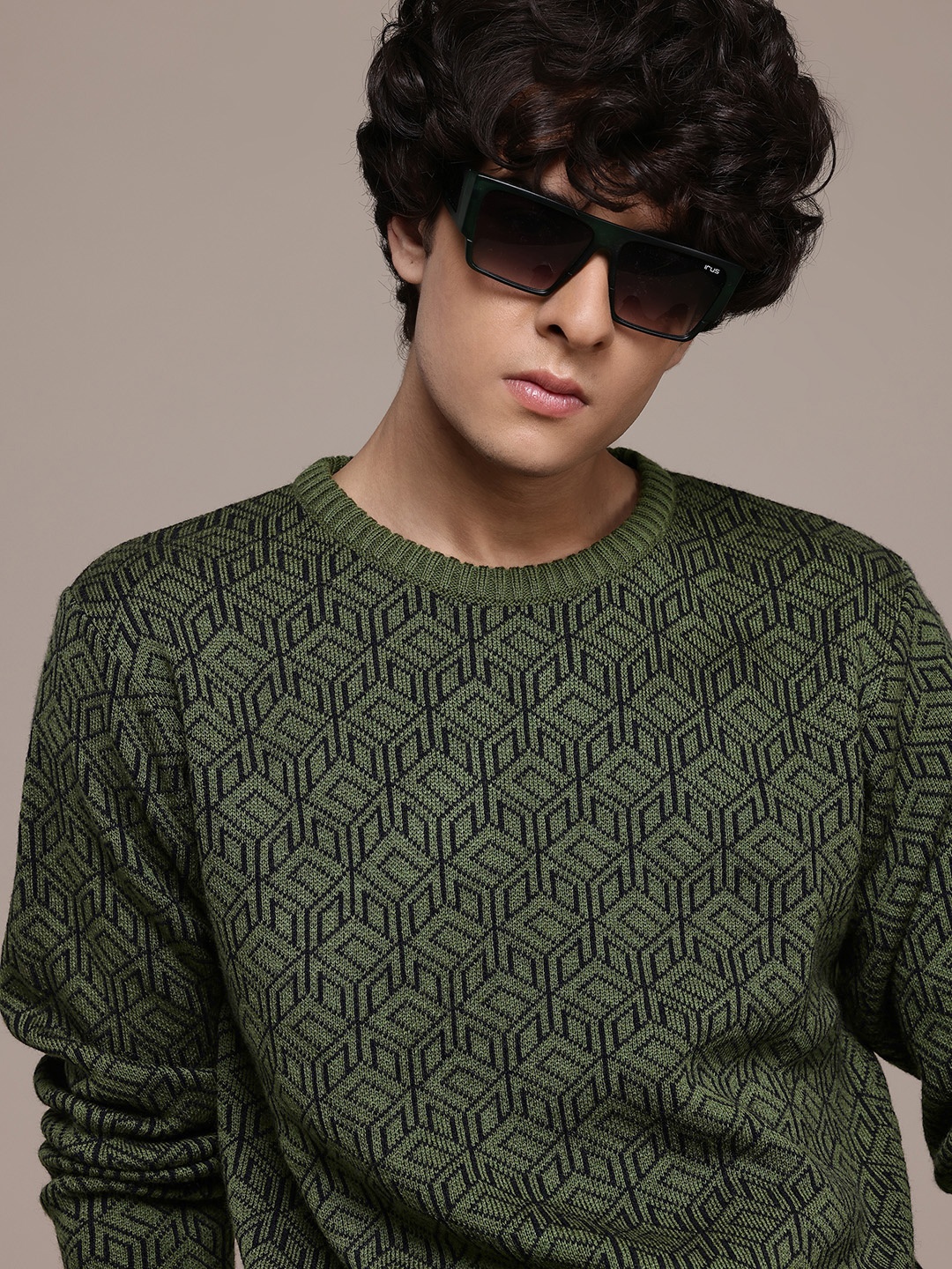 

The Roadster Lifestyle Co. Geometric Print Pure Acrylic Longline Pullover, Olive