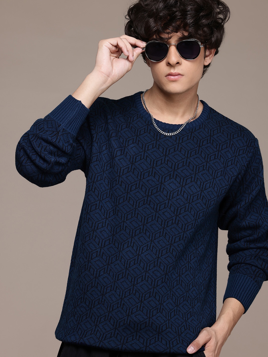 

The Roadster Lifestyle Co. Geometric Print Pure Acrylic Longline Pullover, Navy blue