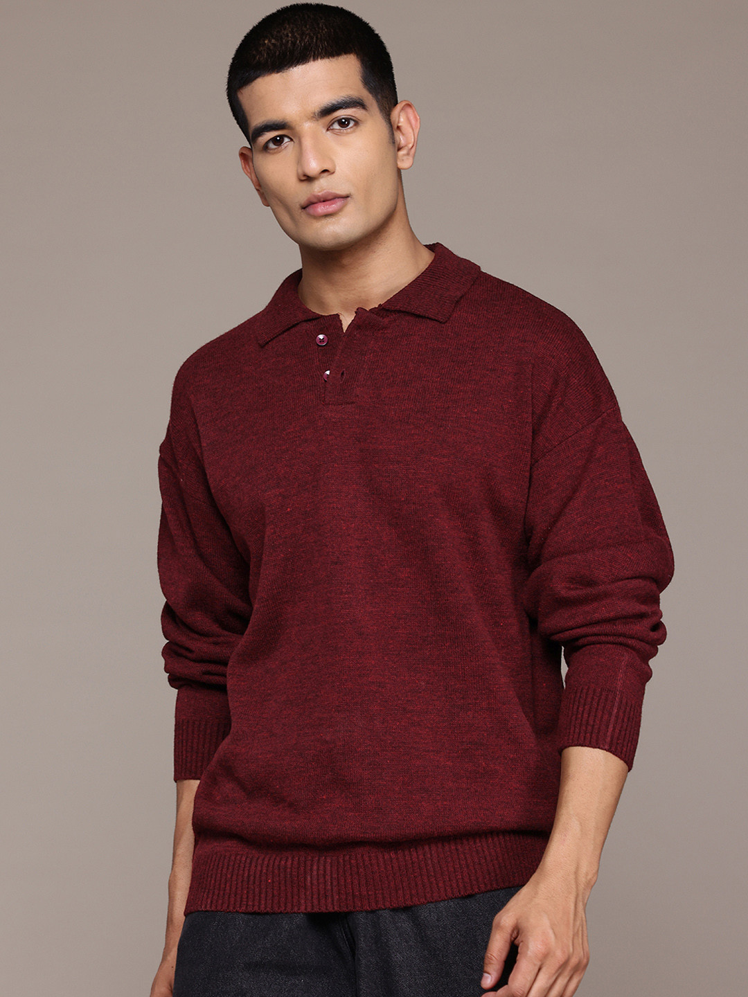 

The Roadster Lifestyle Co. Melange Effect Shirt Collar Acrylic Pullover, Maroon