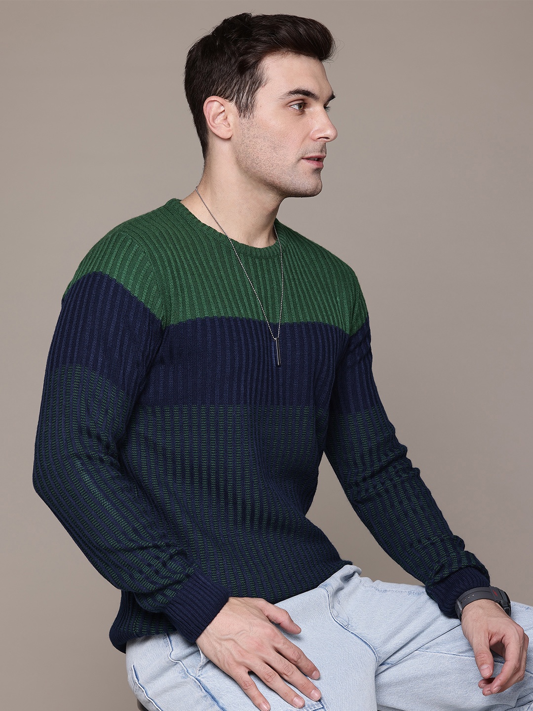 

The Roadster Lifestyle Co. Striped & Ribbed Pure Acrylic Pullover, Green